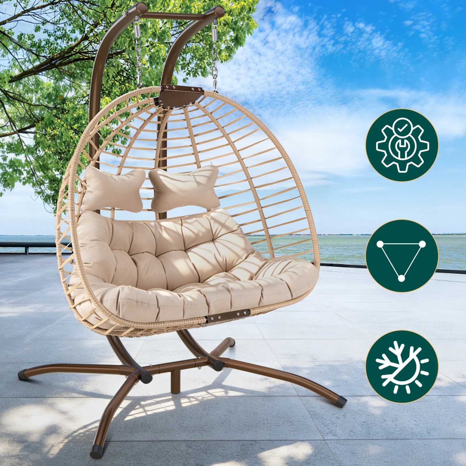 3 Alfordson Outdoor Egg Swing Chair 2 Seater Wicker Rattan Pod Hanging - Beige, 3 of 10