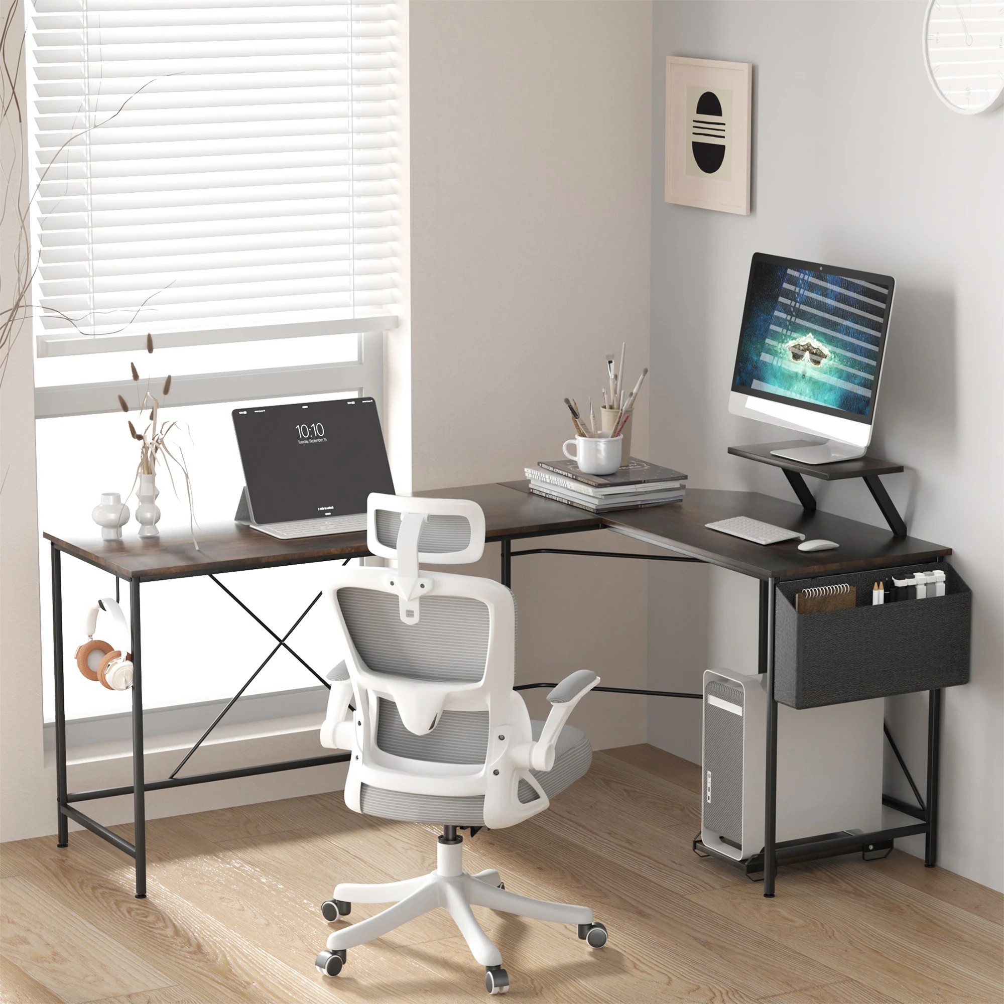 7 Levede L-Shape Corner Computer Desk - Brown, 7 of 9