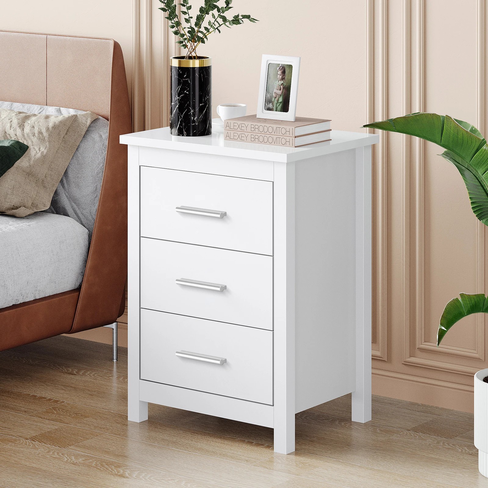 2 Alfordson 2x Bedside Table Hamo Nightstand Storage Side End 3 Drawers - White, 2 of 10