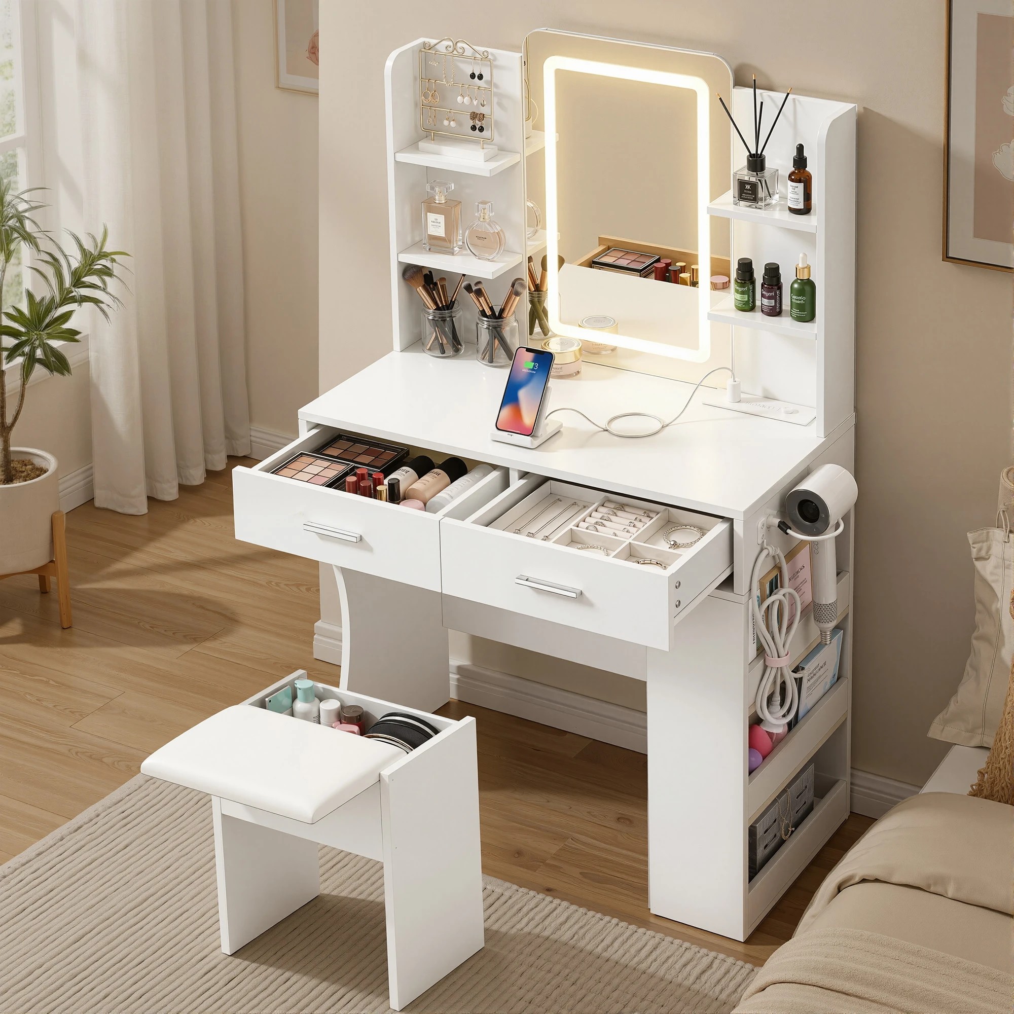 4 Artiss Dressing Table LED Vanity Desk Set Stool - White, 4 of 5