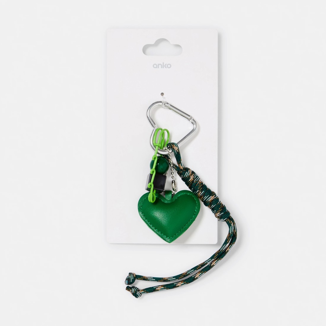 3 PU Heart Bead Charm Keyring - Green and Silver Tone, 3 of 3