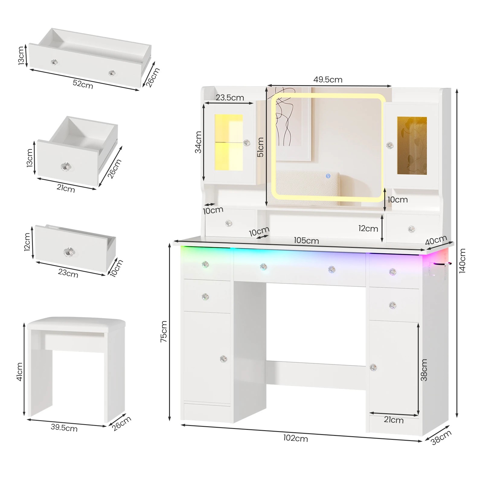 3 Advwin Makeup Vanity Desk w/ Mirror & RGB Lights Charging Station 7 Drawer - White, 3 of 10