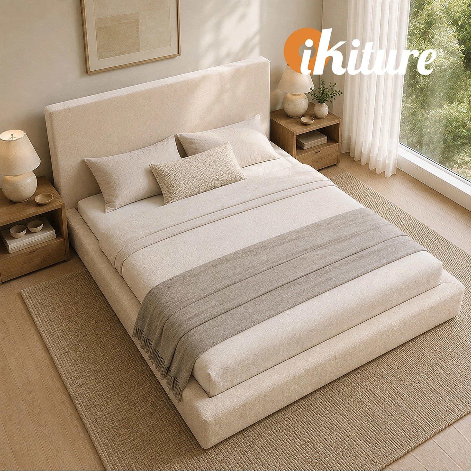9 Oikiture Queen Semi Compressed Upholstered Fabric Bed Frame Internal Metal Base Chenille - Beige, 9 of 10
