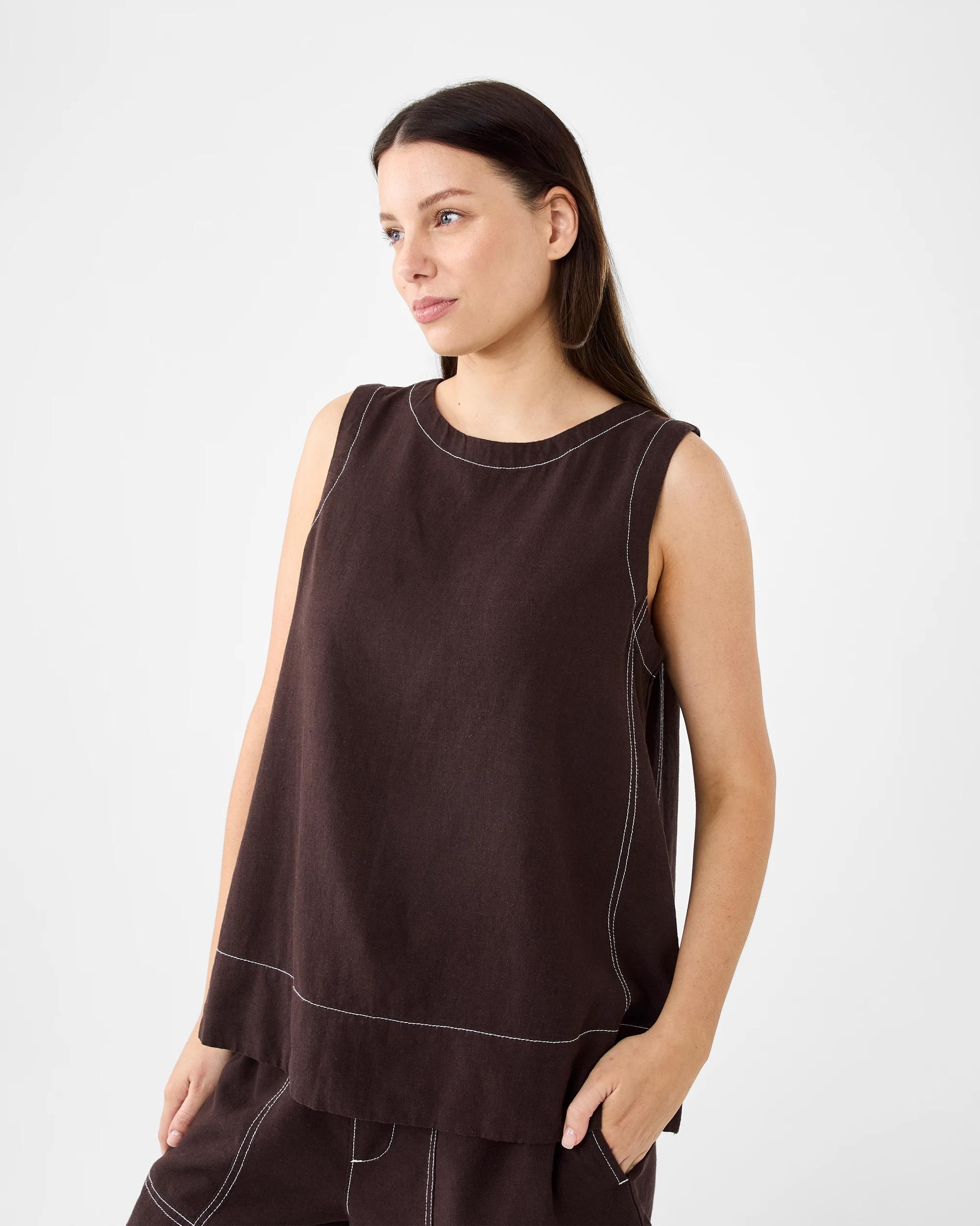 2 Sleeveless Linen Blend Contrast Stitch Swing Top Cbean, 2 of 7