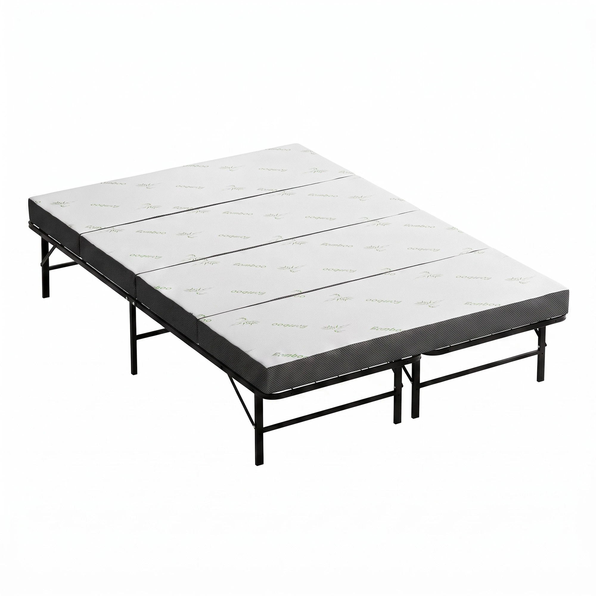 1 Giselle Bedding Folding Bed with Mattress 4 Fold Metal Frame Guest Bed Bamboo Cover - Double Bed - Black, 1 of 9