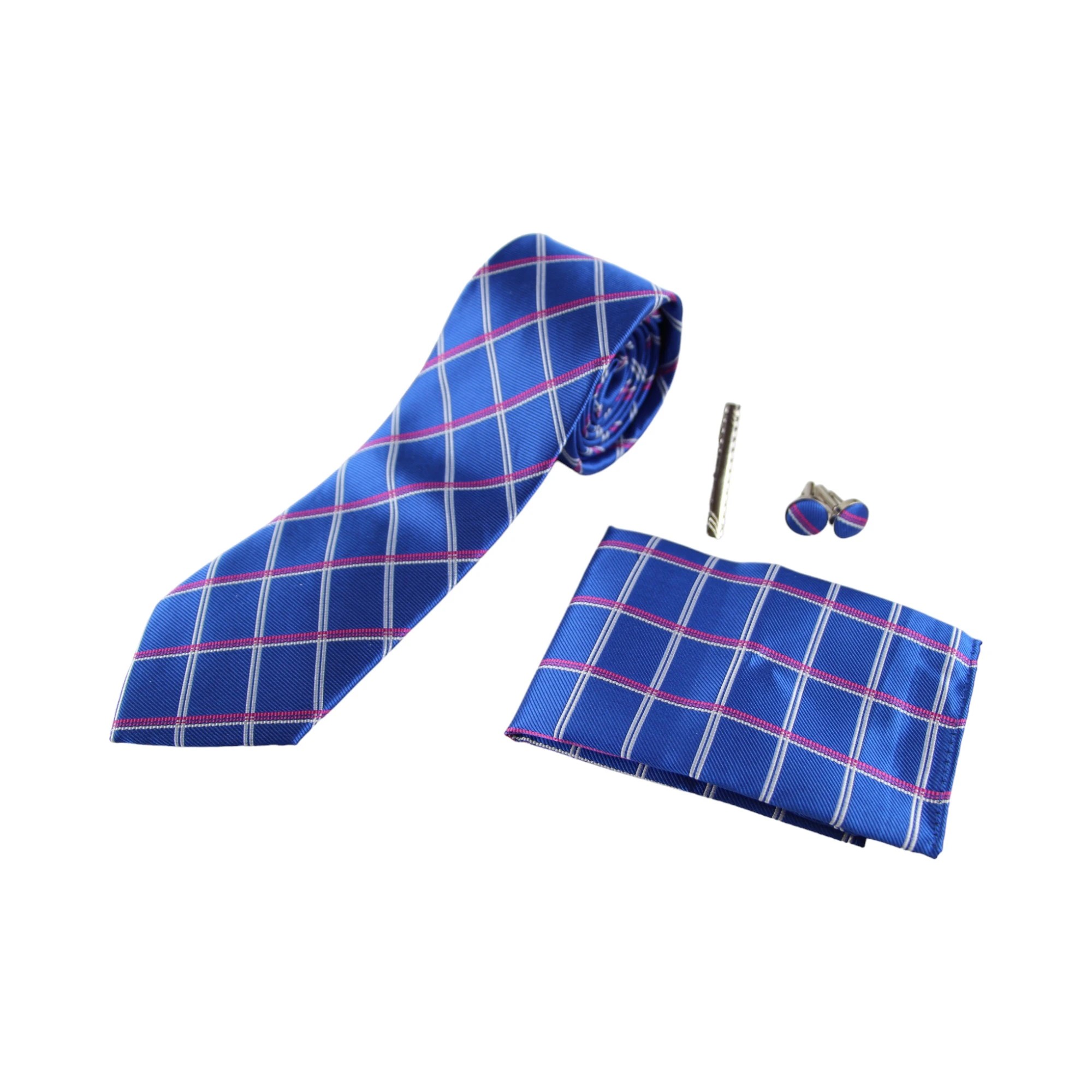 2 Zasel Mens Blue, Silver & Pink, Checkered Matching Neck Tie, Pocket Square, Cuff Links And Tie Clip Set - Multi - Multi, 2 of 4