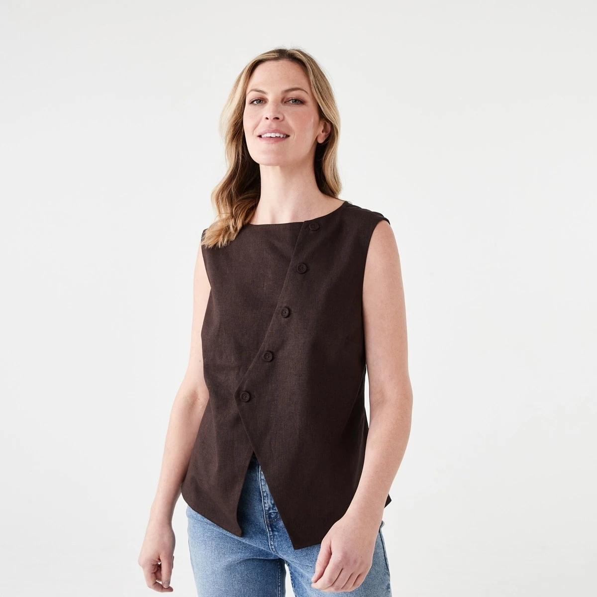 1 Sleeveless Asymmetrical Button Through Vest MELTED CHOCOLATE, 1 of 6