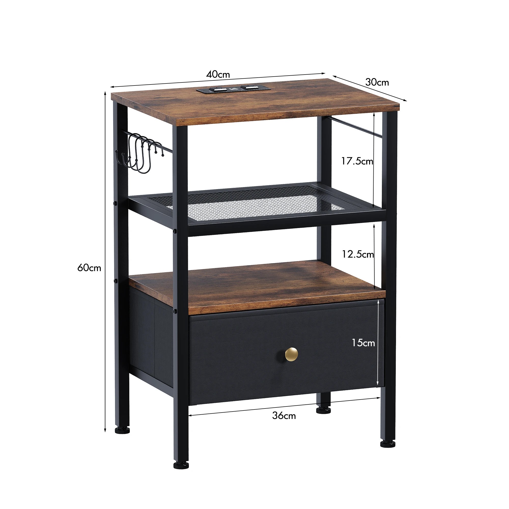 3 Advwin Bedside Table with Fabric Drawer Charging Station LED Lights - Brown, 3 of 6