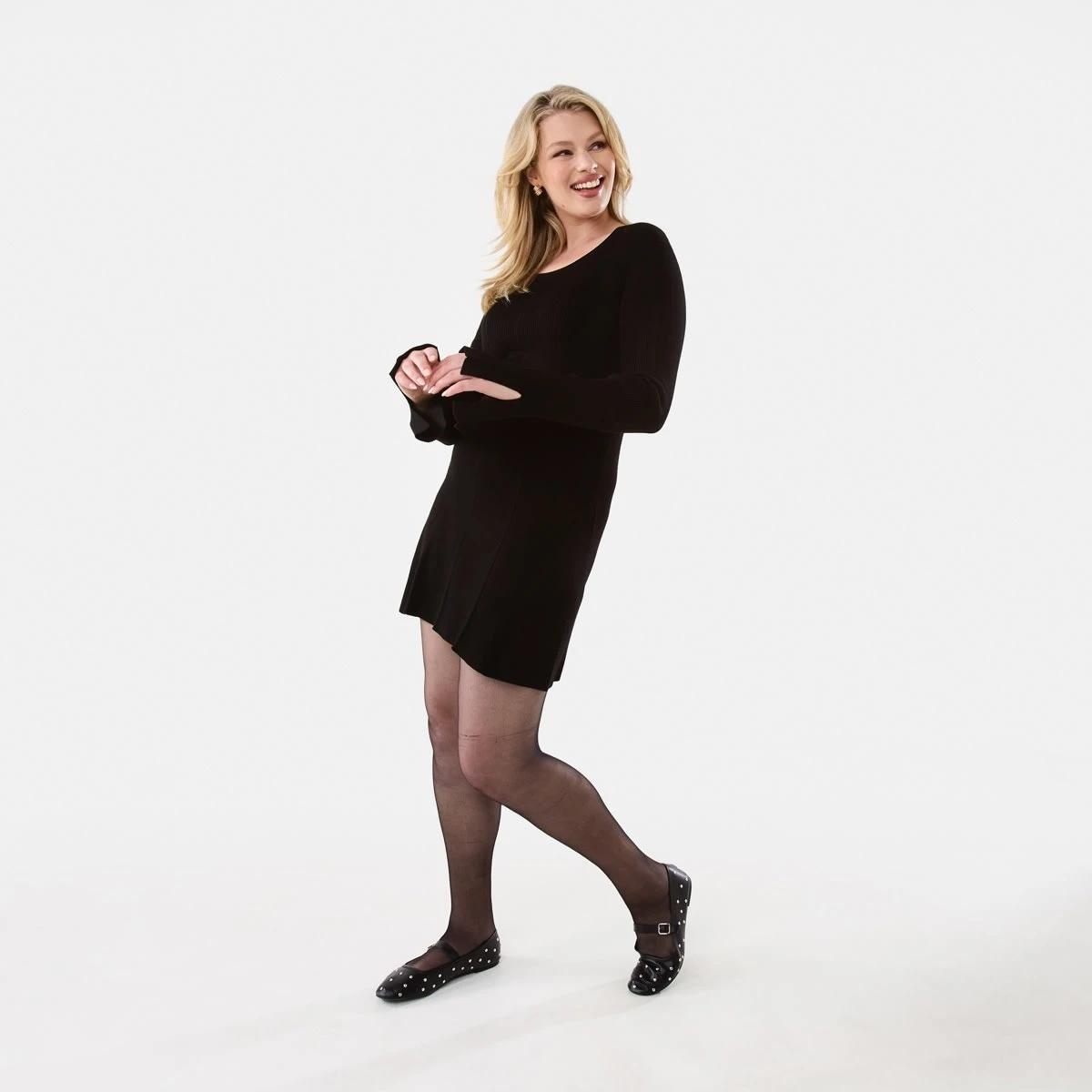 3 Long Sleeve Scoop Knit Skater Mini Dress Black, 3 of 10