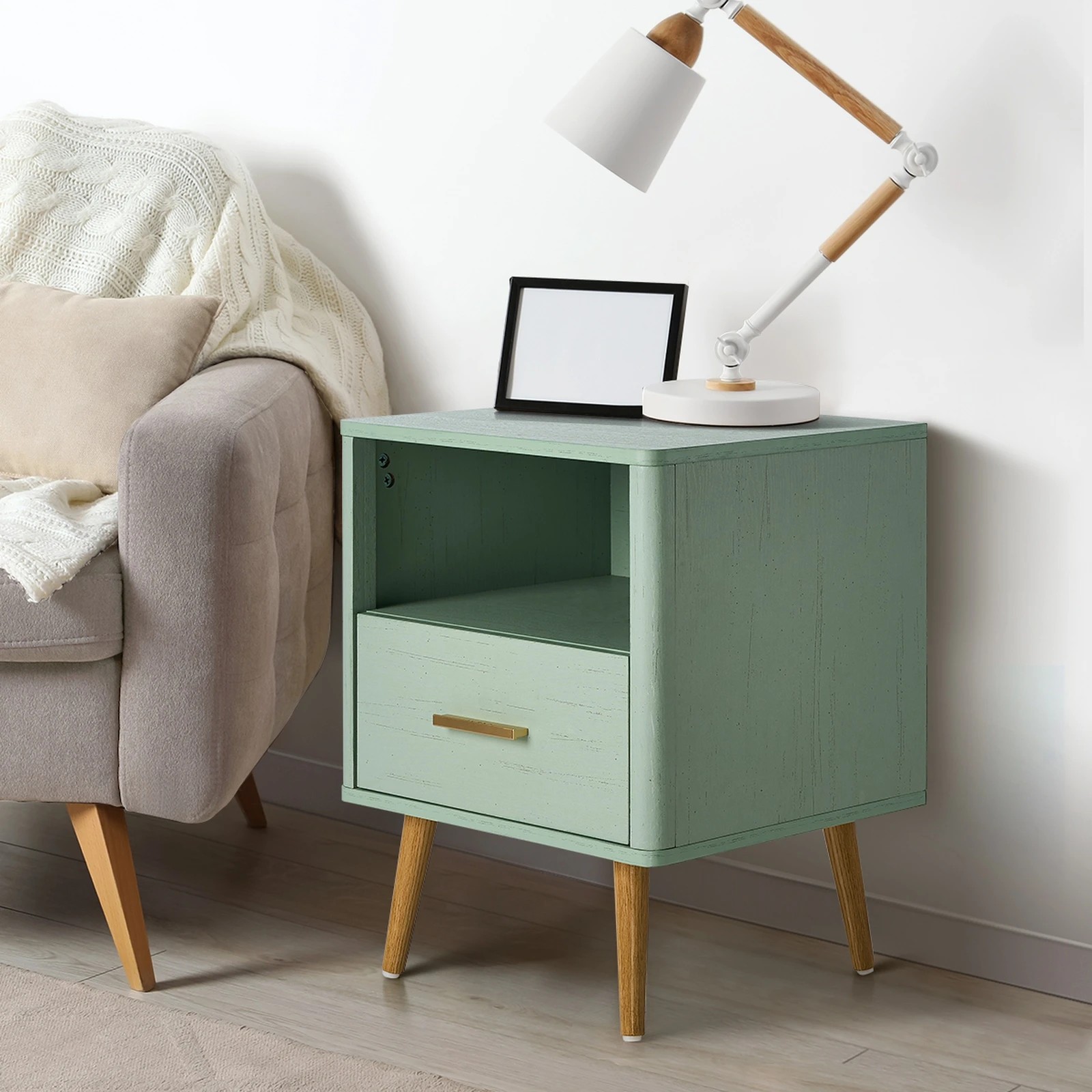 3 Oikiture Bedside Table 1 Drawer Open Shelf Side End Tables Nightstand
 - Green, 3 of 10
