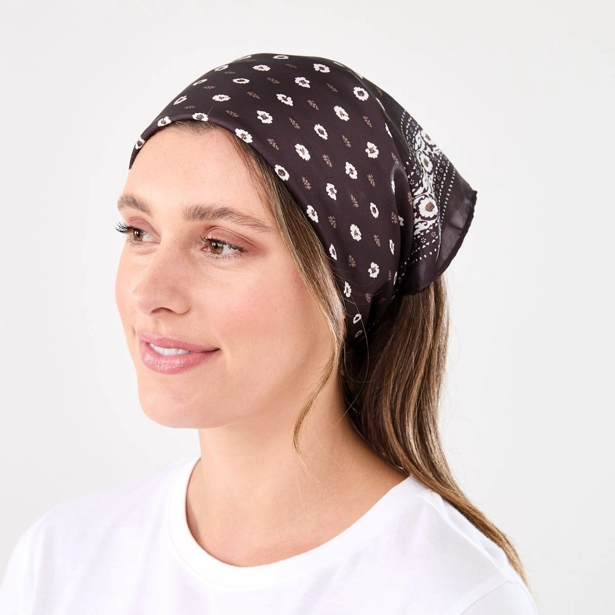 3 Ditsy Flower Print Hair Scarf - Brown, 3 of 5