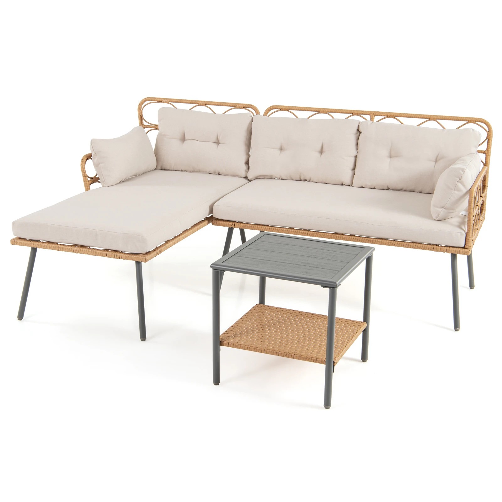 1 Costway 3PCS Patio Furniture PE Rattan L-Shaped Cushioned Sofa Set w/Coffee Table, 1 of 6