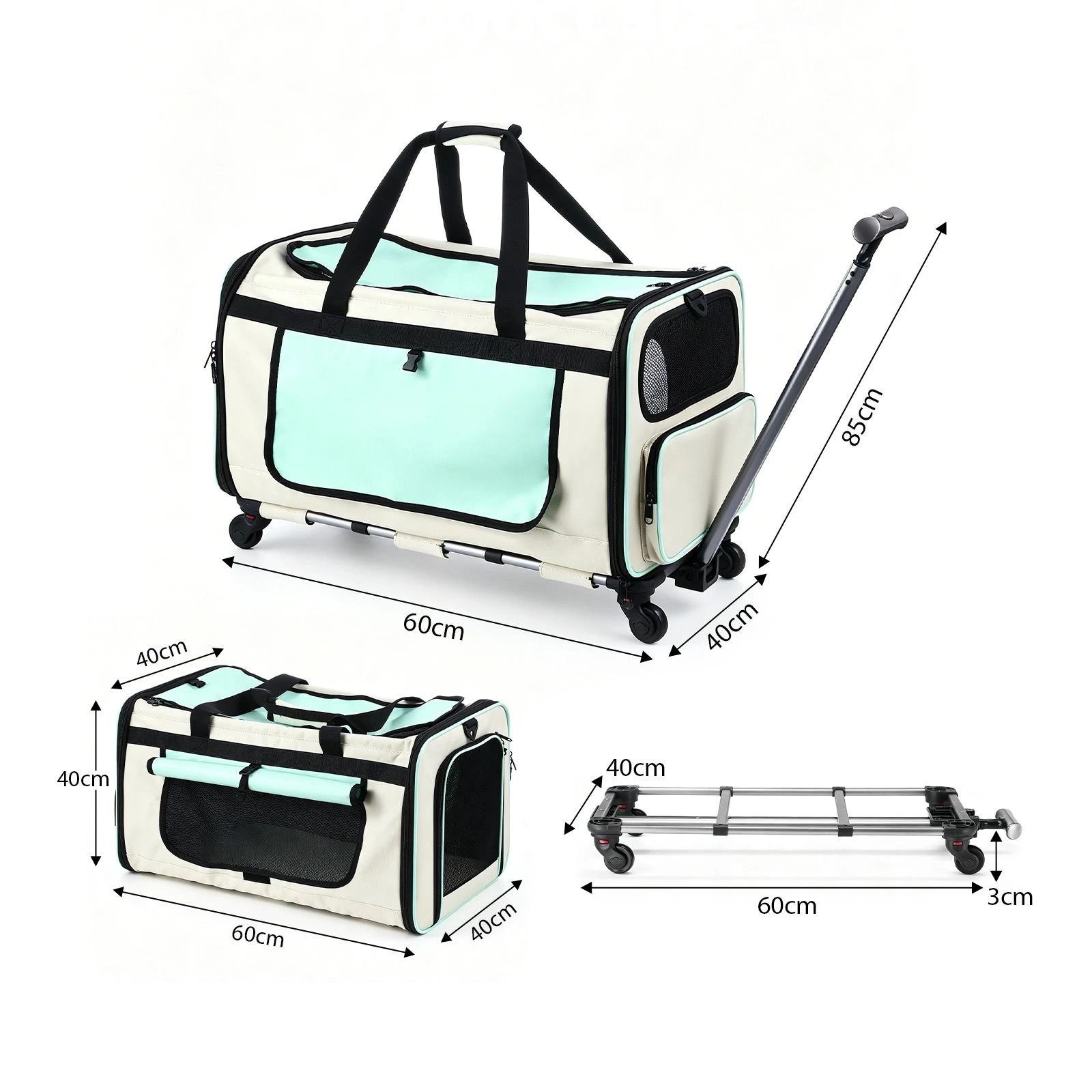 2 Pet Scene Foldable Rolling Pet Dog Carrier Trolley Portable Cat Travel Shoulder Bag with Wheels 60x40x40cm, 2 of 6