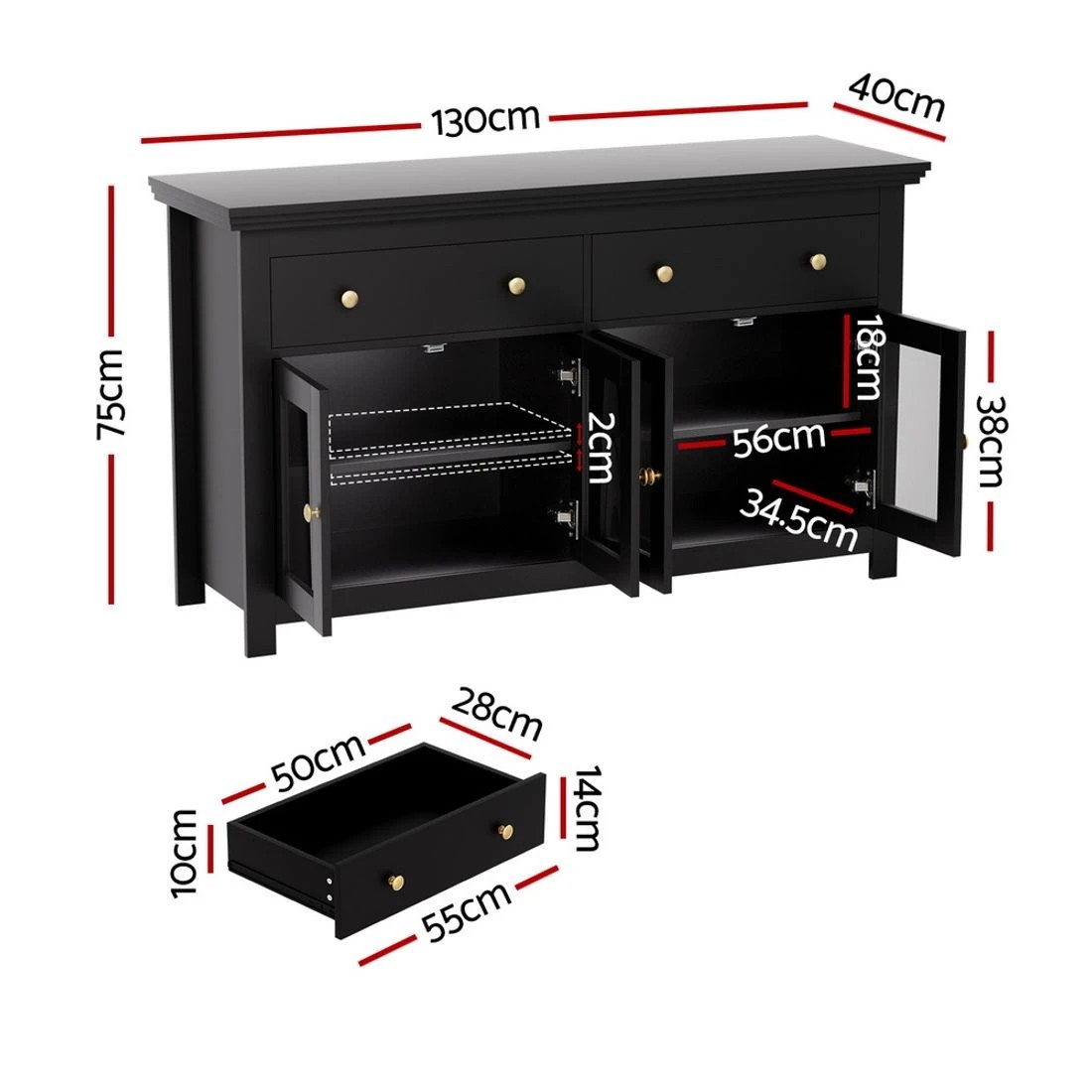 1 Artiss Buffet Sideboard Storage Cabinet Kitchen Cupboard Clear Door Drawer - Black, 1 of 5