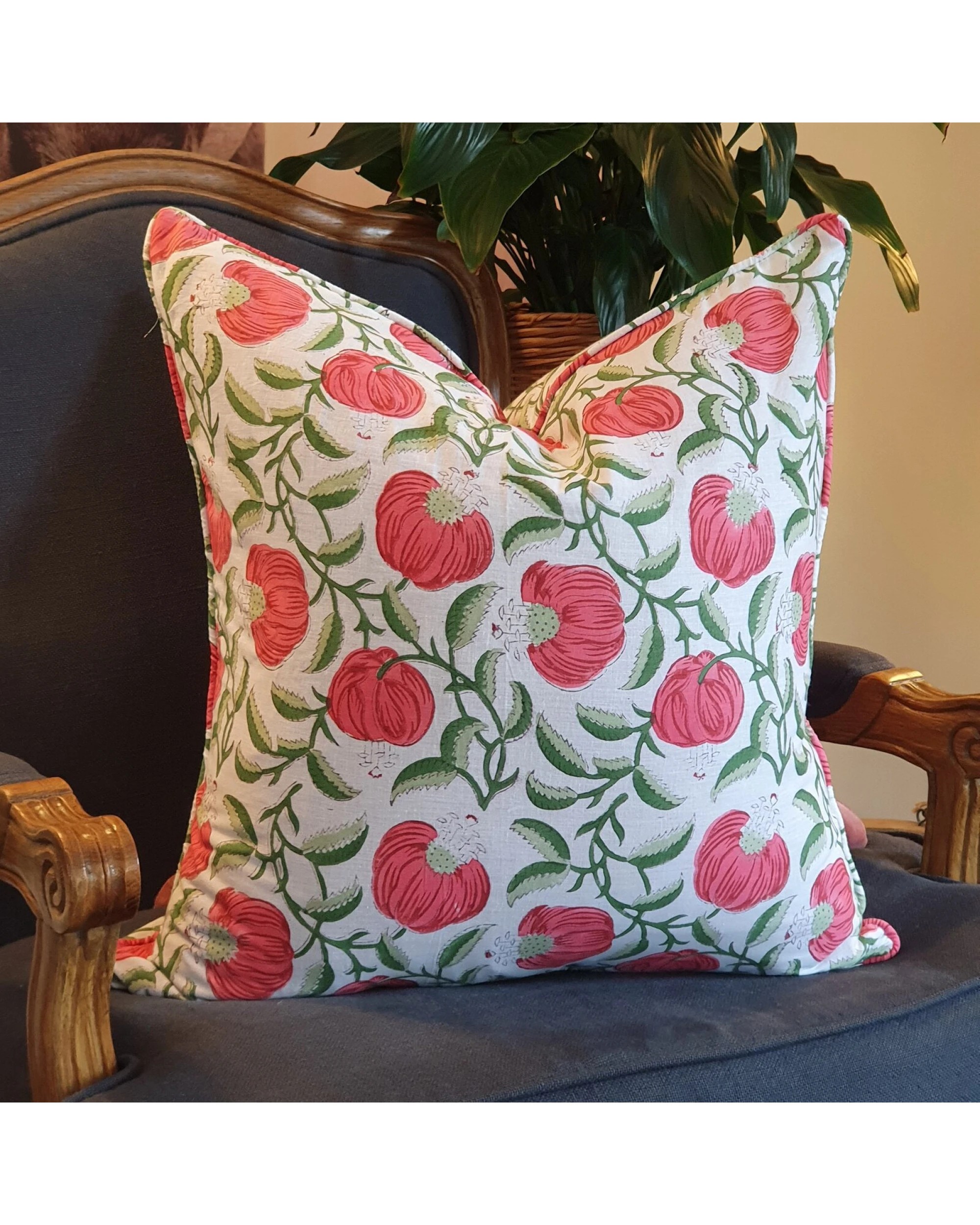 2 Kolka Pomegranate Soft Cotton Voile Decorative Hand Block-Printed Cushion - Ruby, 2 of 2