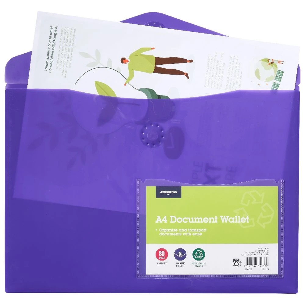 2 J.Burrows A4 Document Wallet Magnetic Closure Purple, 2 of 4