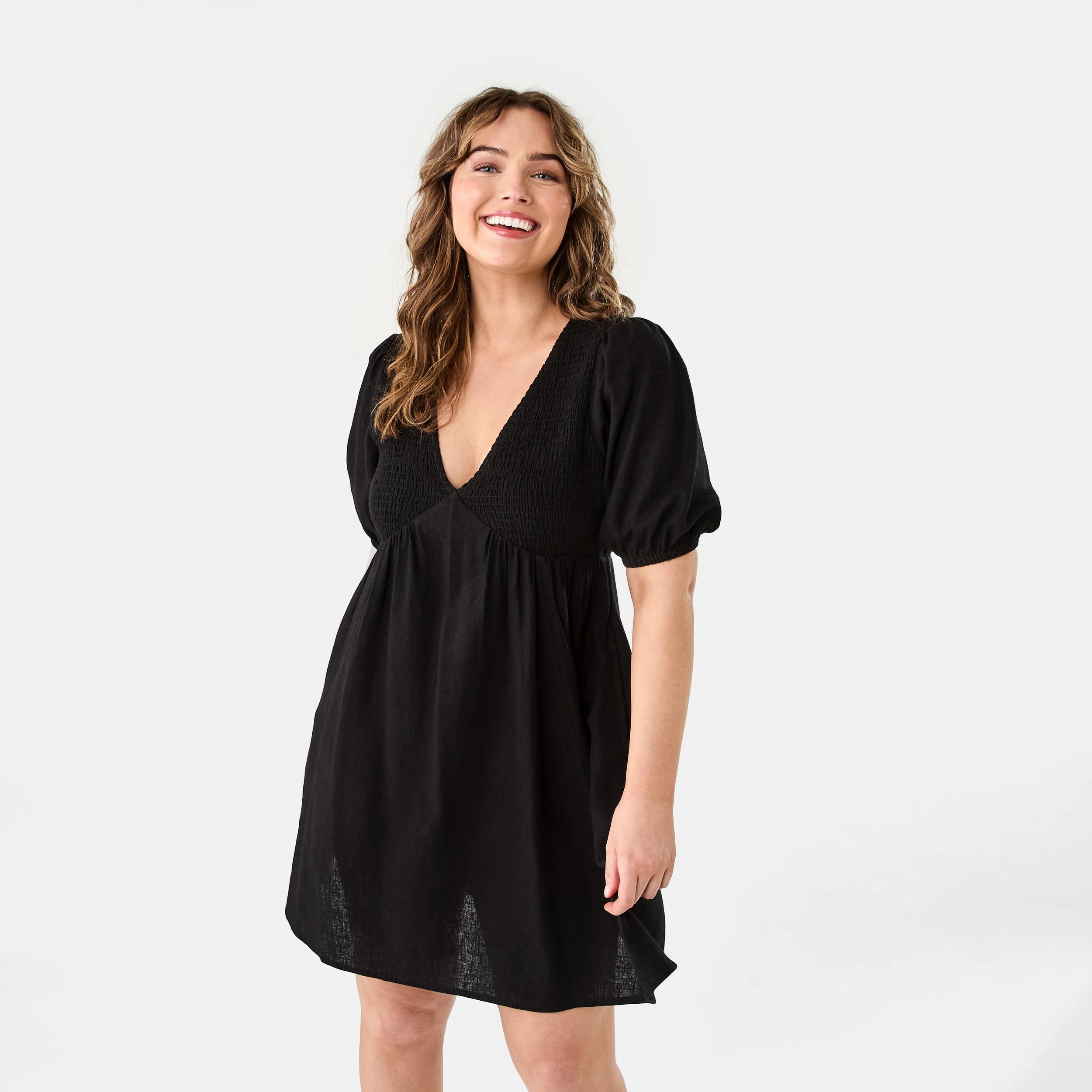 1 Short Sleeve Shirred V-Neck Mini Dress BLACK, 1 of 9