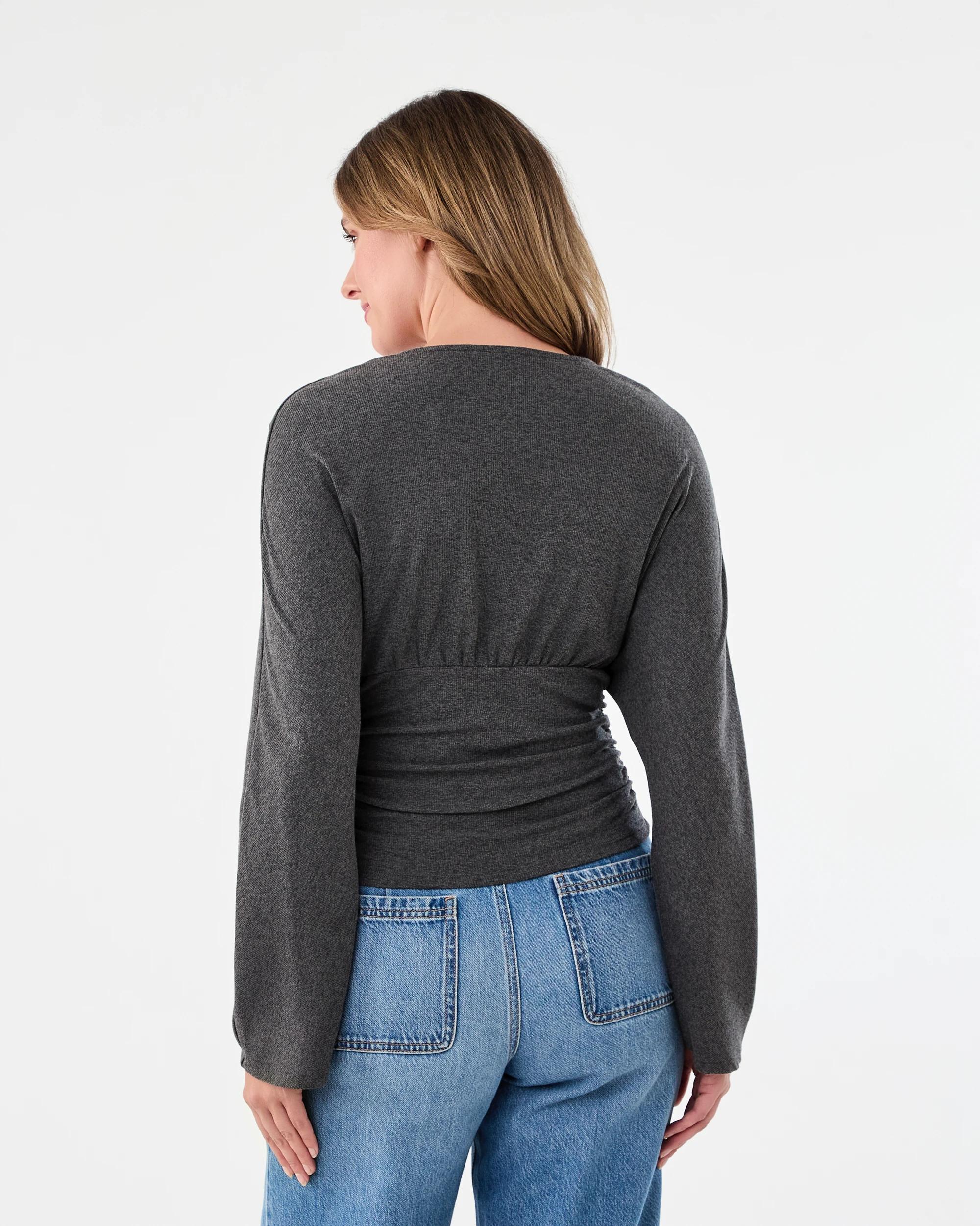 3 Long Sleeve V-Neck Ruched Top Gry Chmrle, 3 of 6