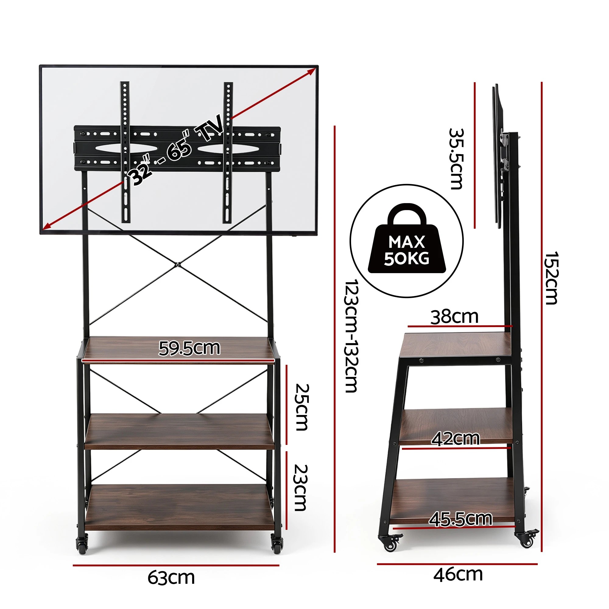 3 Artiss Mobile TV Stand 32-65 Inch TVs Mount 50kg with Wheels Adjustable Feet MDF - Black, 3 of 10