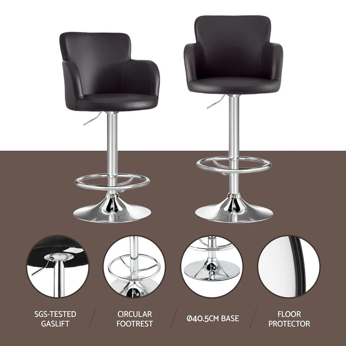 4 Artiss 2x Leather Bar Stools Swivel Adjustable Gas Lift PU Counter Chairs - Brown, 4 of 7