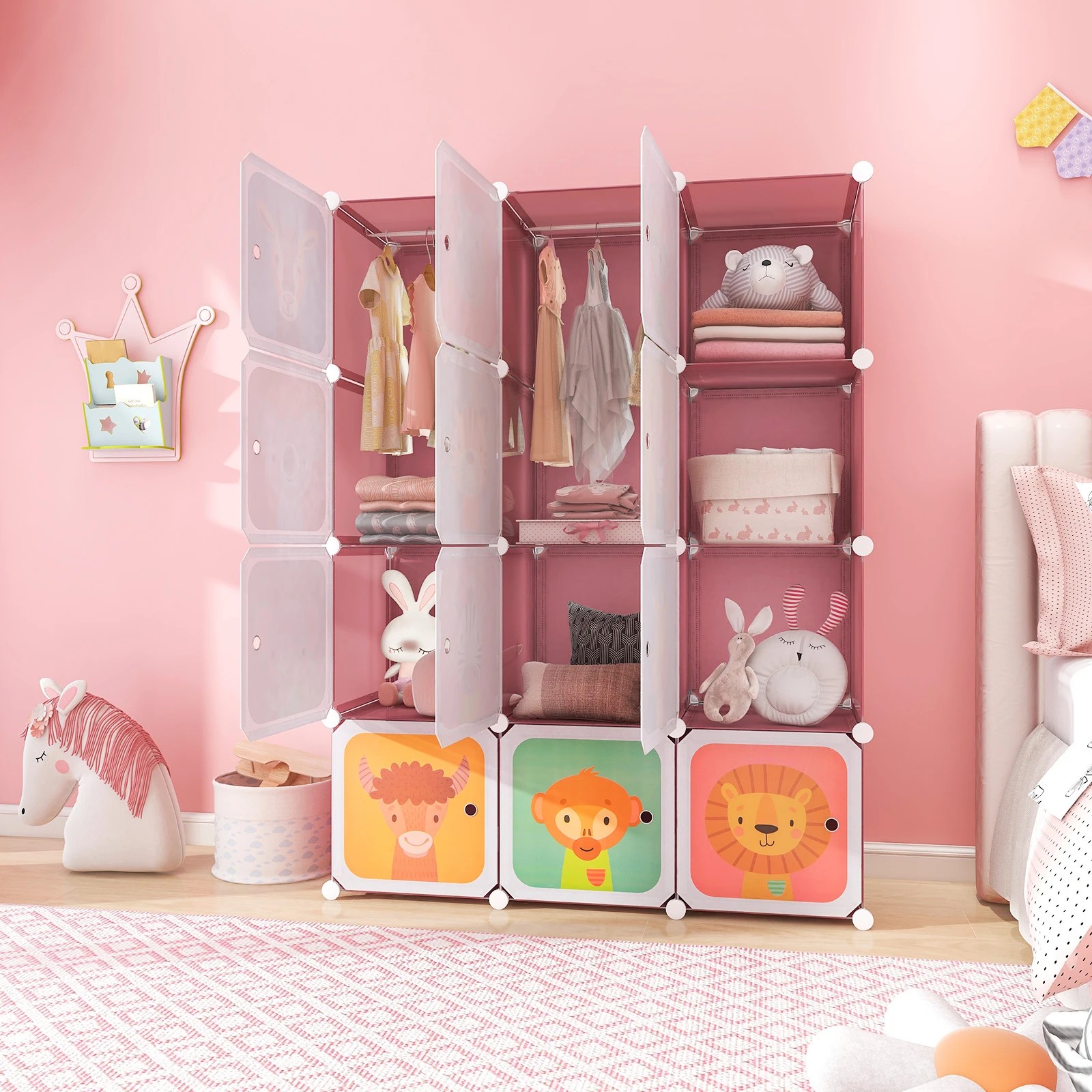 3 Costway 12-Cube Wardrobe DIY Armoire Clothes Closet 2 Hanging Rods - Pink, 3 of 3