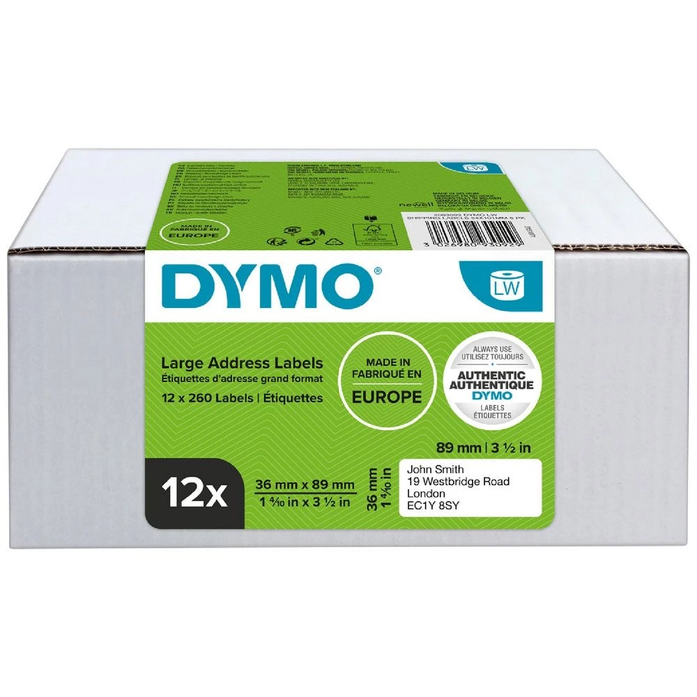 1 Dymo LabelWriter Large Address Labels 36 x 89mm White 12 Pack, 1 of 7