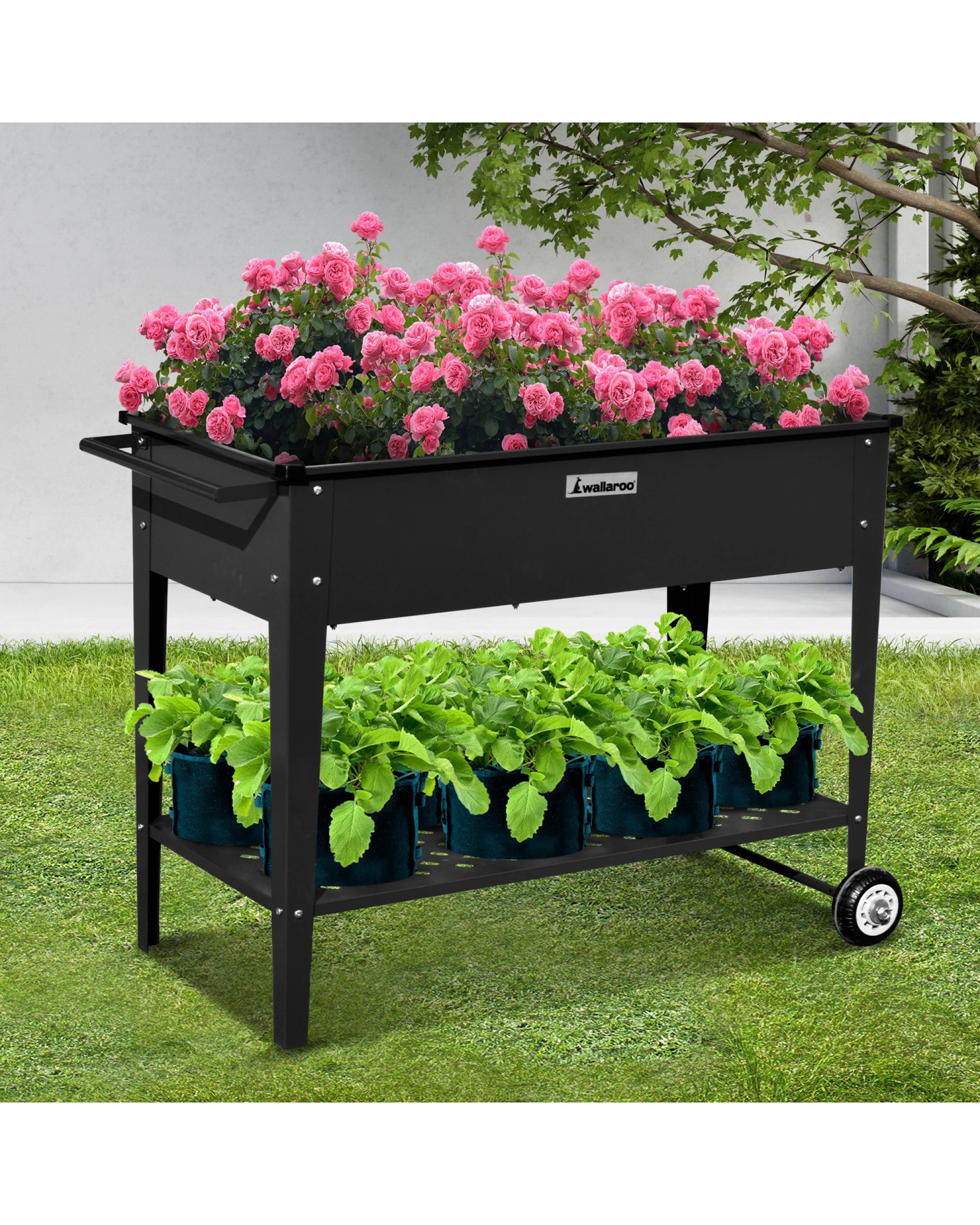 4 Wallaroo Garden Bed Cart Raised Planter Box Wheels Steel Storage Plants Shelf - Black, 4 of 10