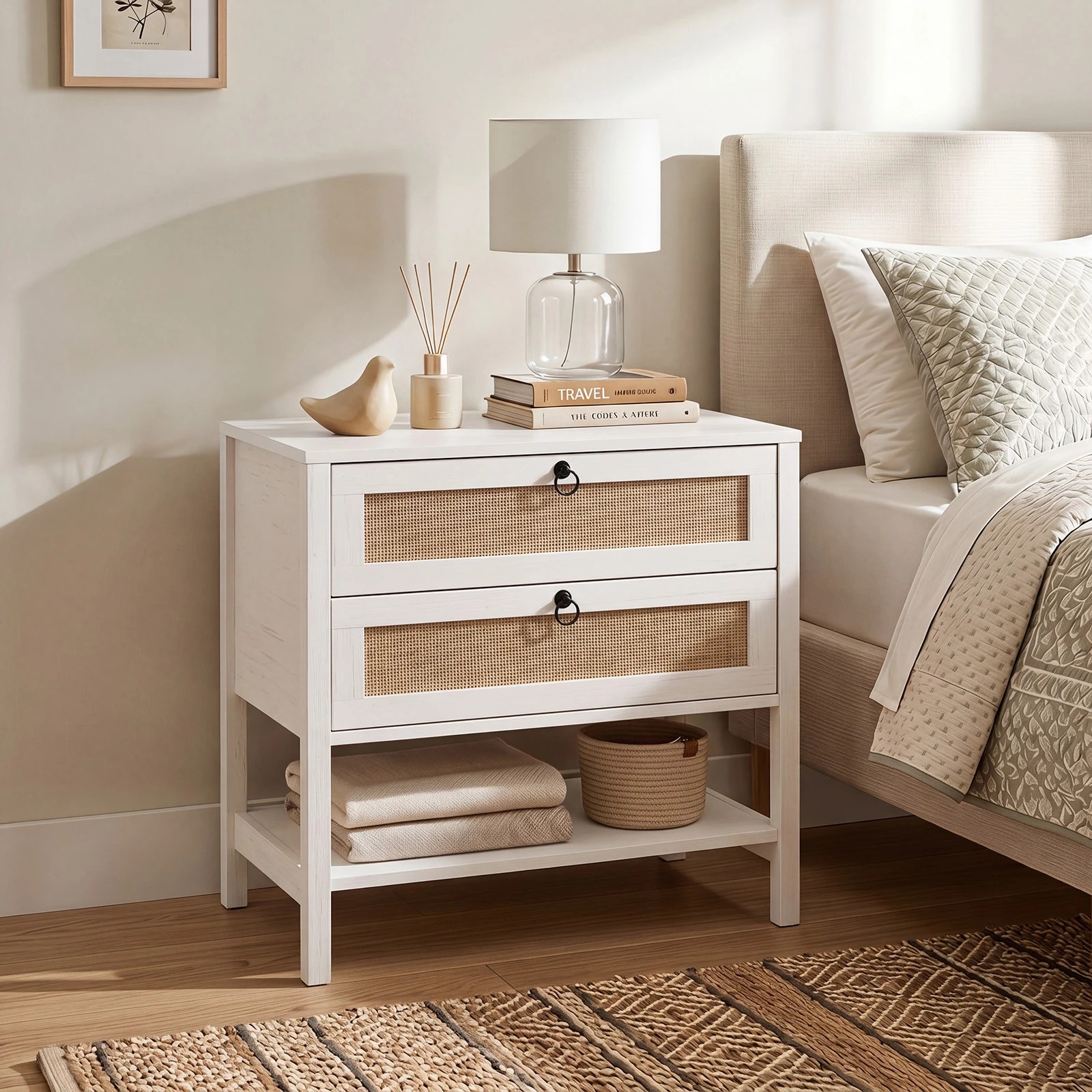 4 Costway Boho Sofa Side Table Rattan Nightstand Bedside Table - White, 4 of 6