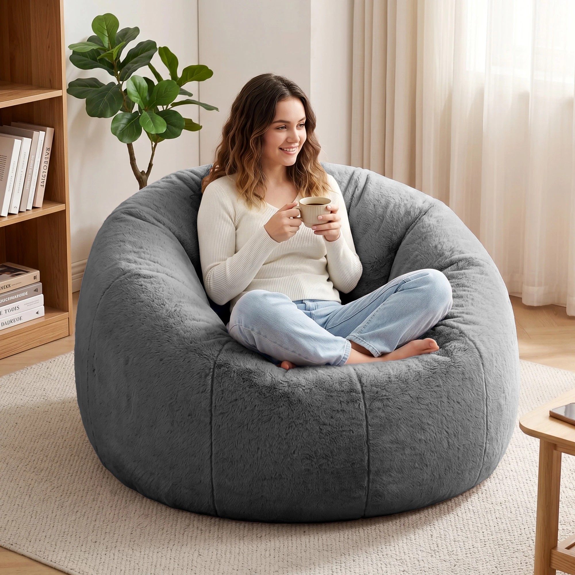 8 Artiss Bean Bag Chair Cover Faux Fur No Filler Washable Lazy Sofa Cover - Grey, 8 of 10