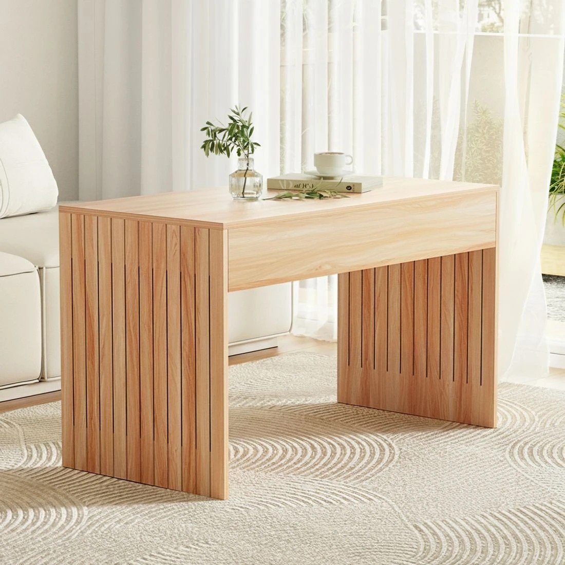 6 Artiss Coffee Table Rectangle Fluted Side 100CM - Natural, 6 of 6