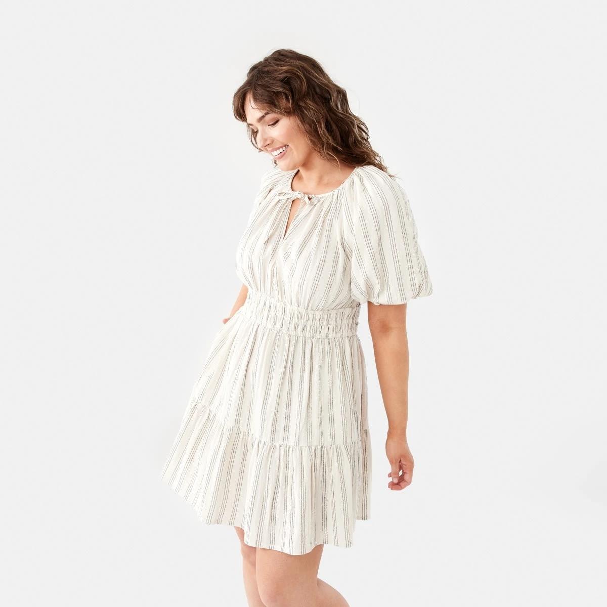 3 Short Sleeve Shirred Waist Mini Dress TRIPPLE STRIPE NATURAL BEIGE, 3 of 11