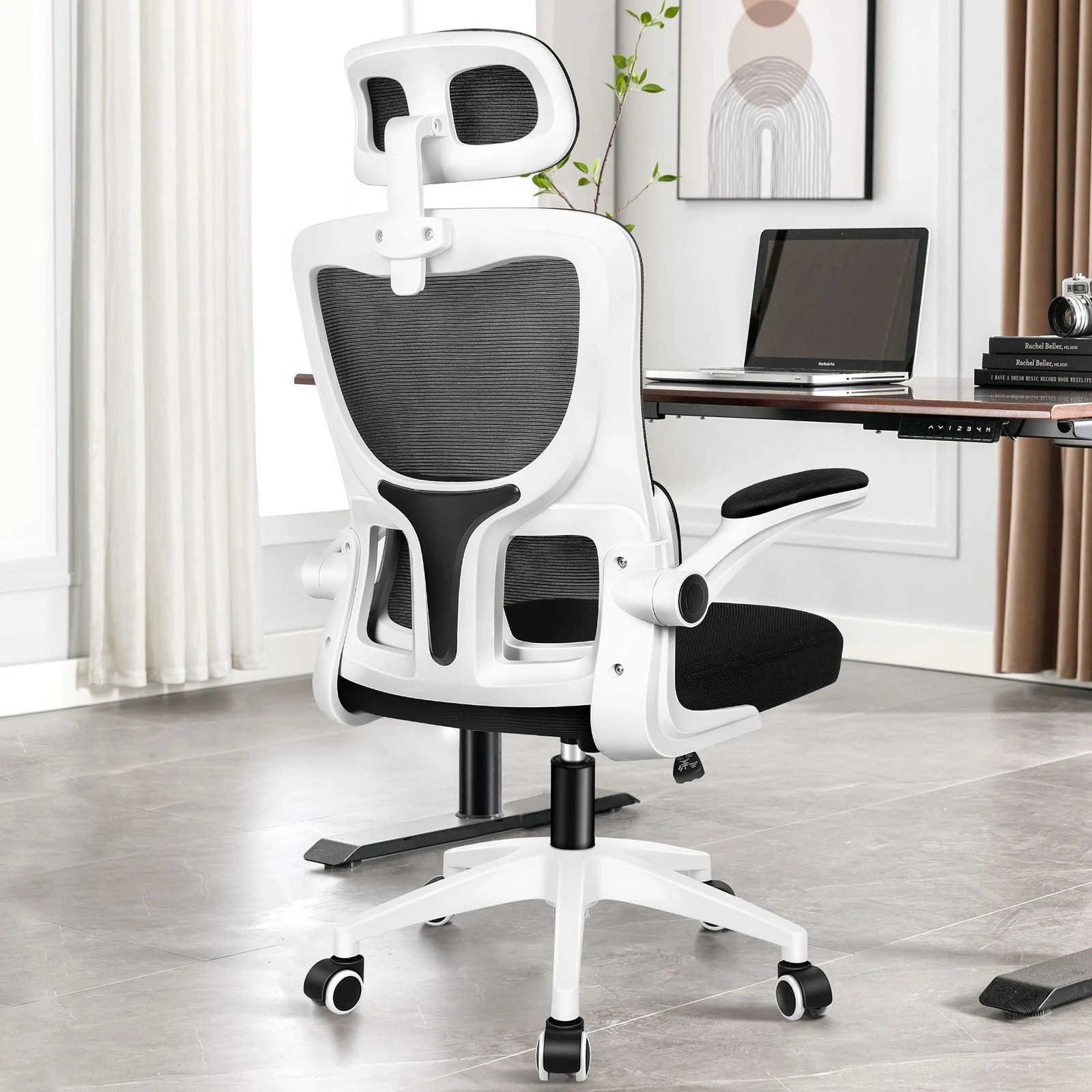 4 Alfordson Mesh Office Chair Gaming Executive Computer Tilt Fabric Seat Work - White Black, 4 of 9