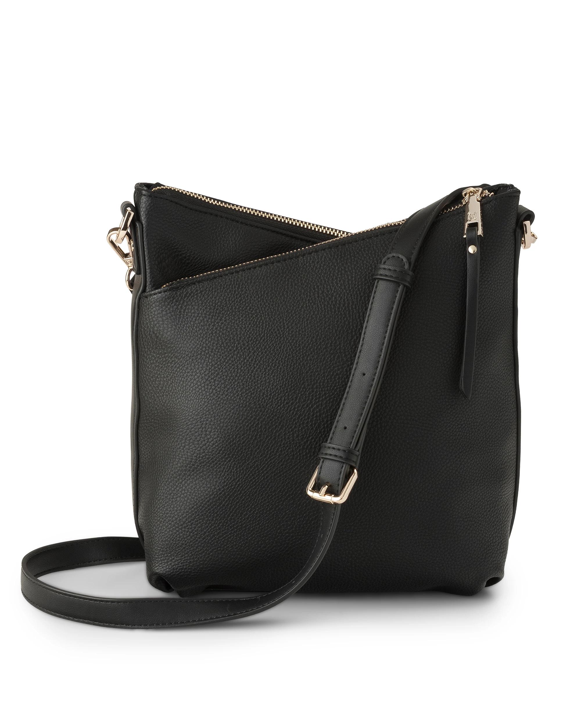 5 Madison Accessories Maya Medium Double Zip Sling Crossbody Bag BLACK LT GOLD, 5 of 5