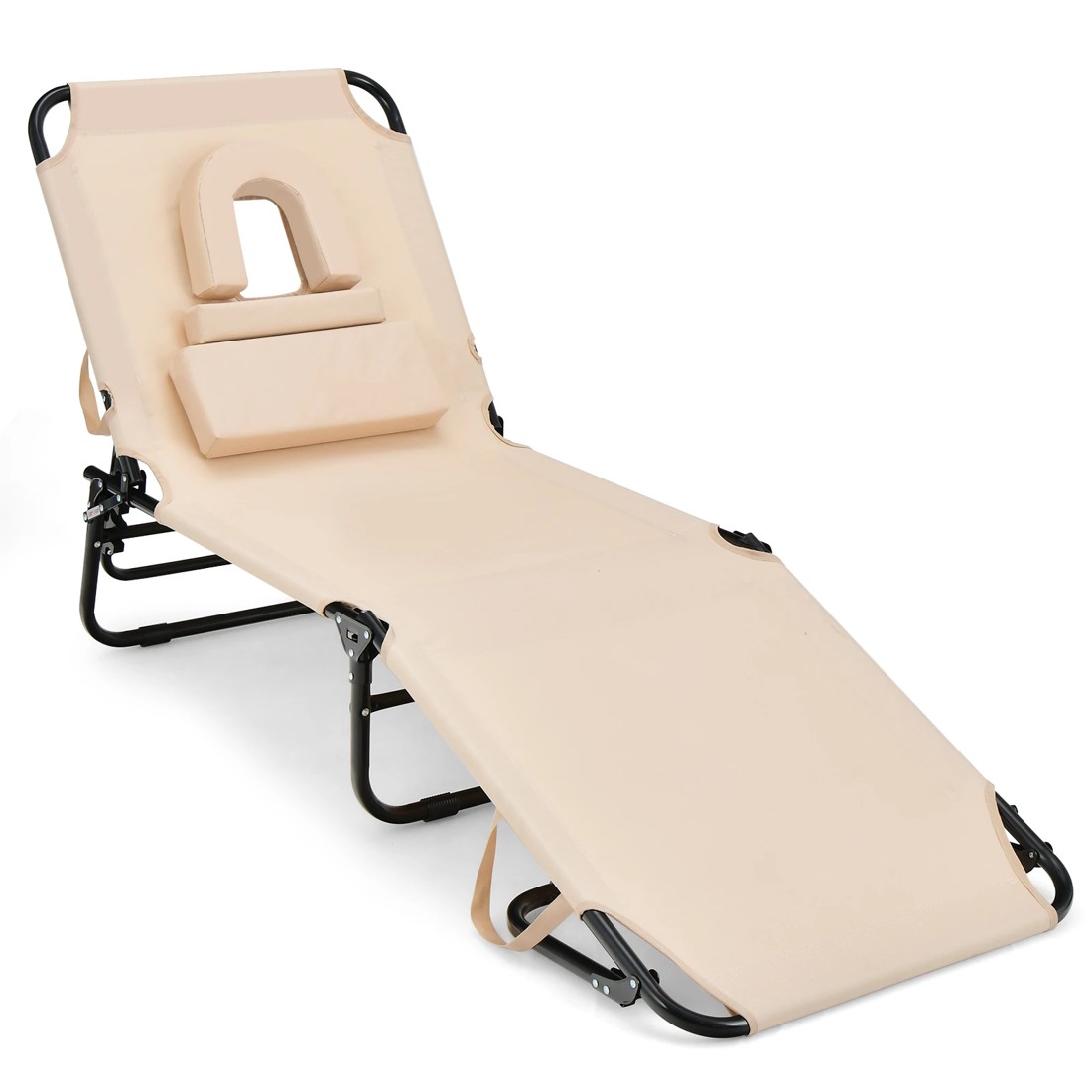 10 Costway Folding Beach Sun Lounger Adjustable 5-Position Chaise - Beige, 10 of 10