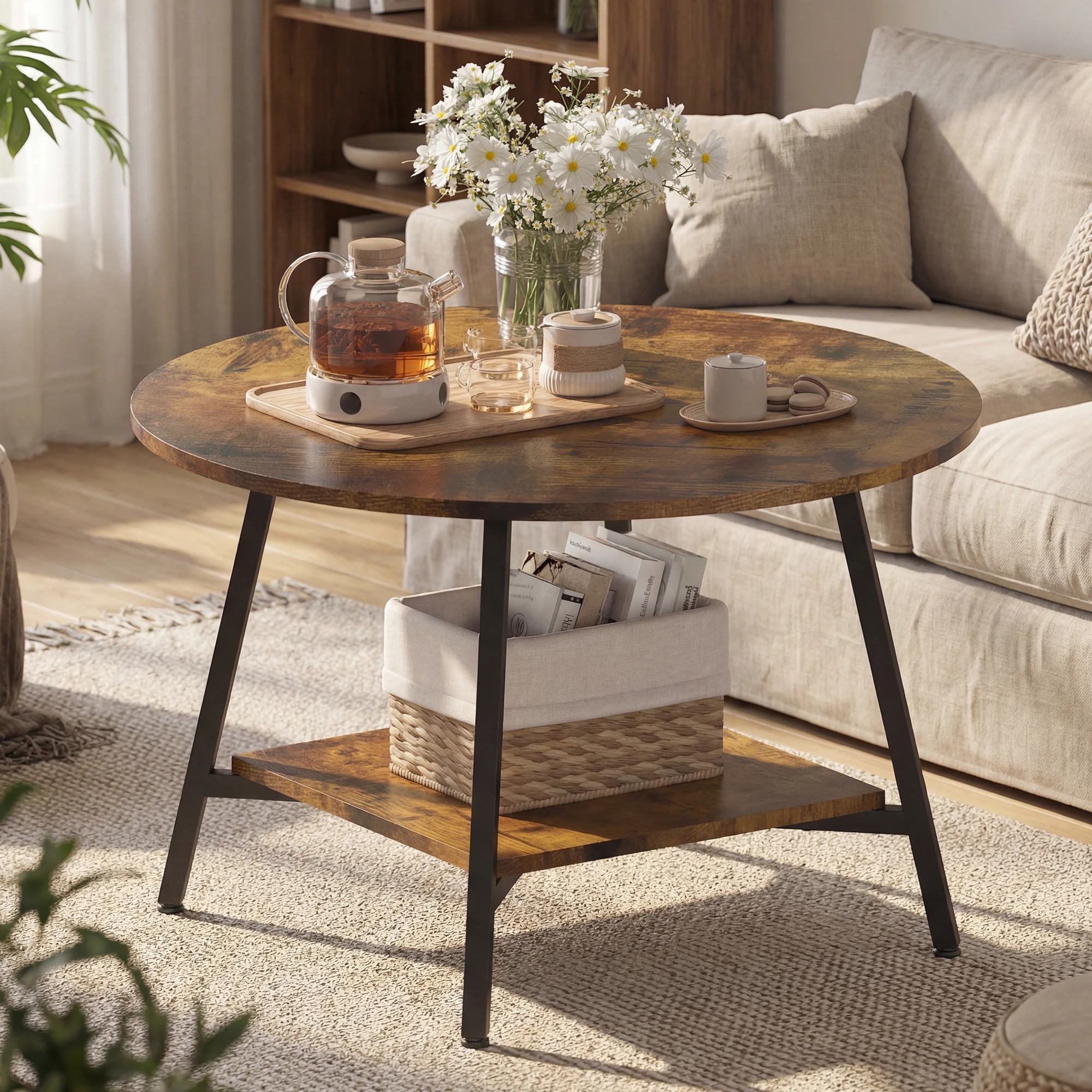 5 Advwin 73cm Round Coffee Table w/ Open Shelf - Brown, 5 of 9