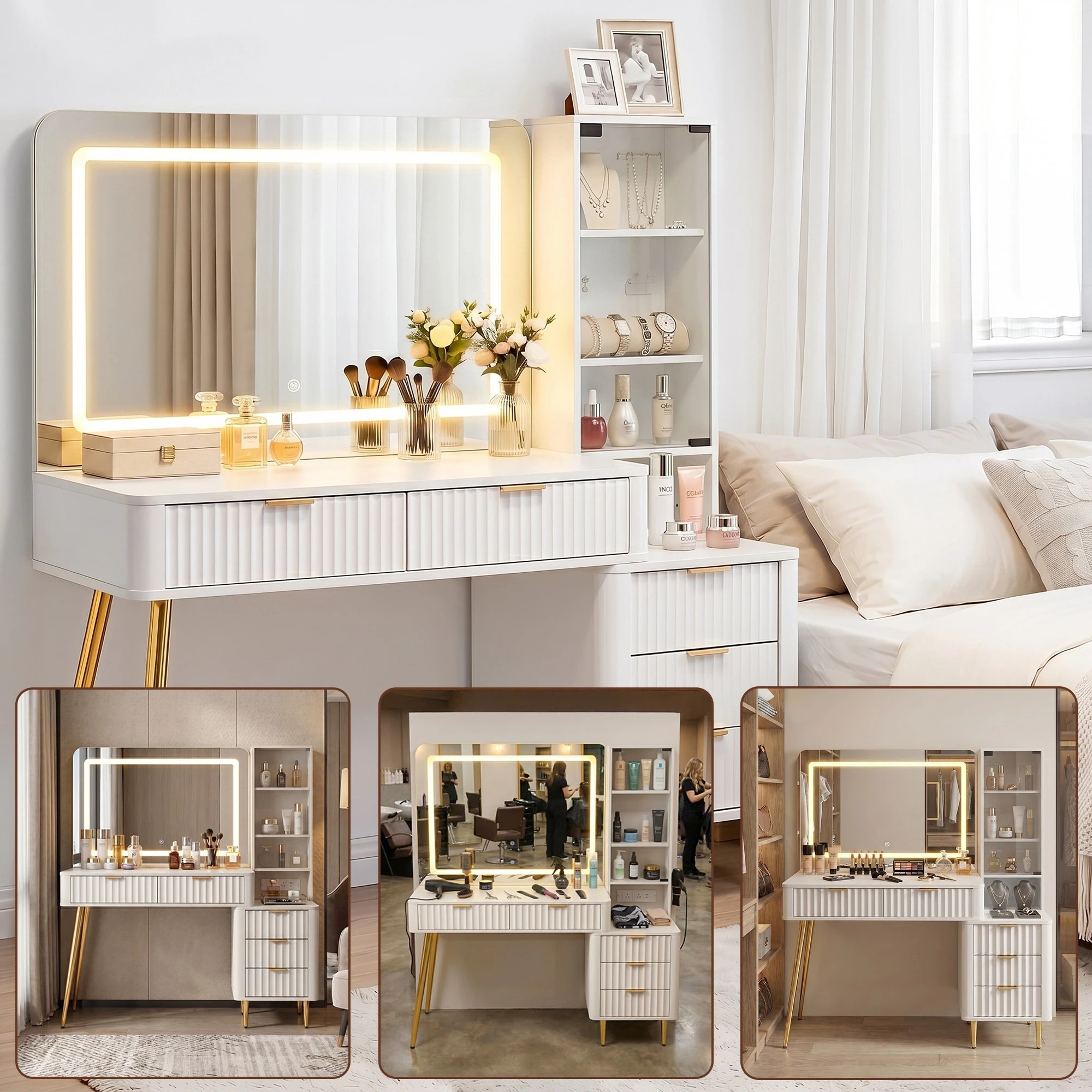 7 Artiss Dressing Table LED Mirror Vanity Desk Power Outlet Fluted Drawer - White, 7 of 9