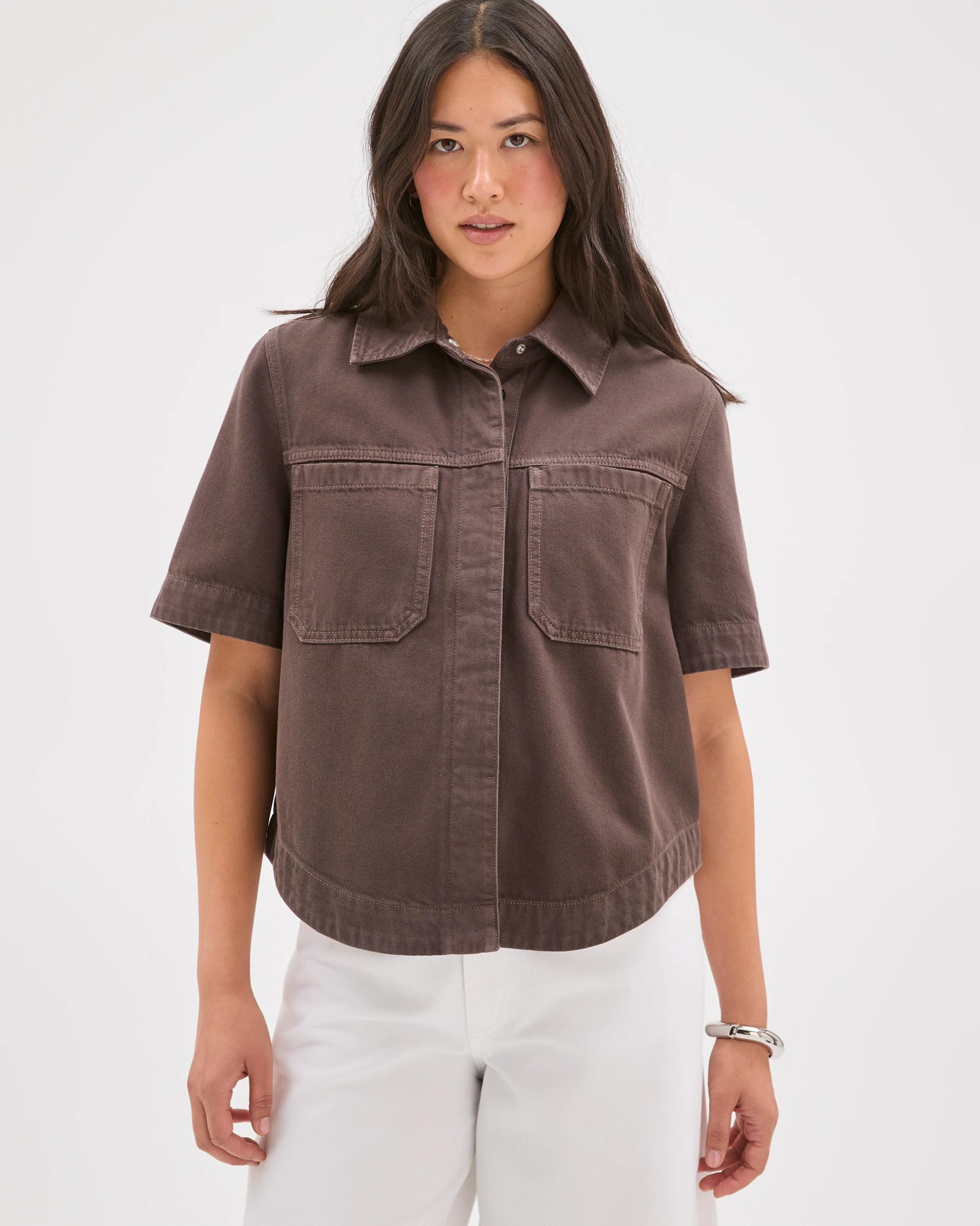 5 Target Denim Short Sleeve Concealed Placket Denim Shirt COFFEE BEAN, 5 of 8