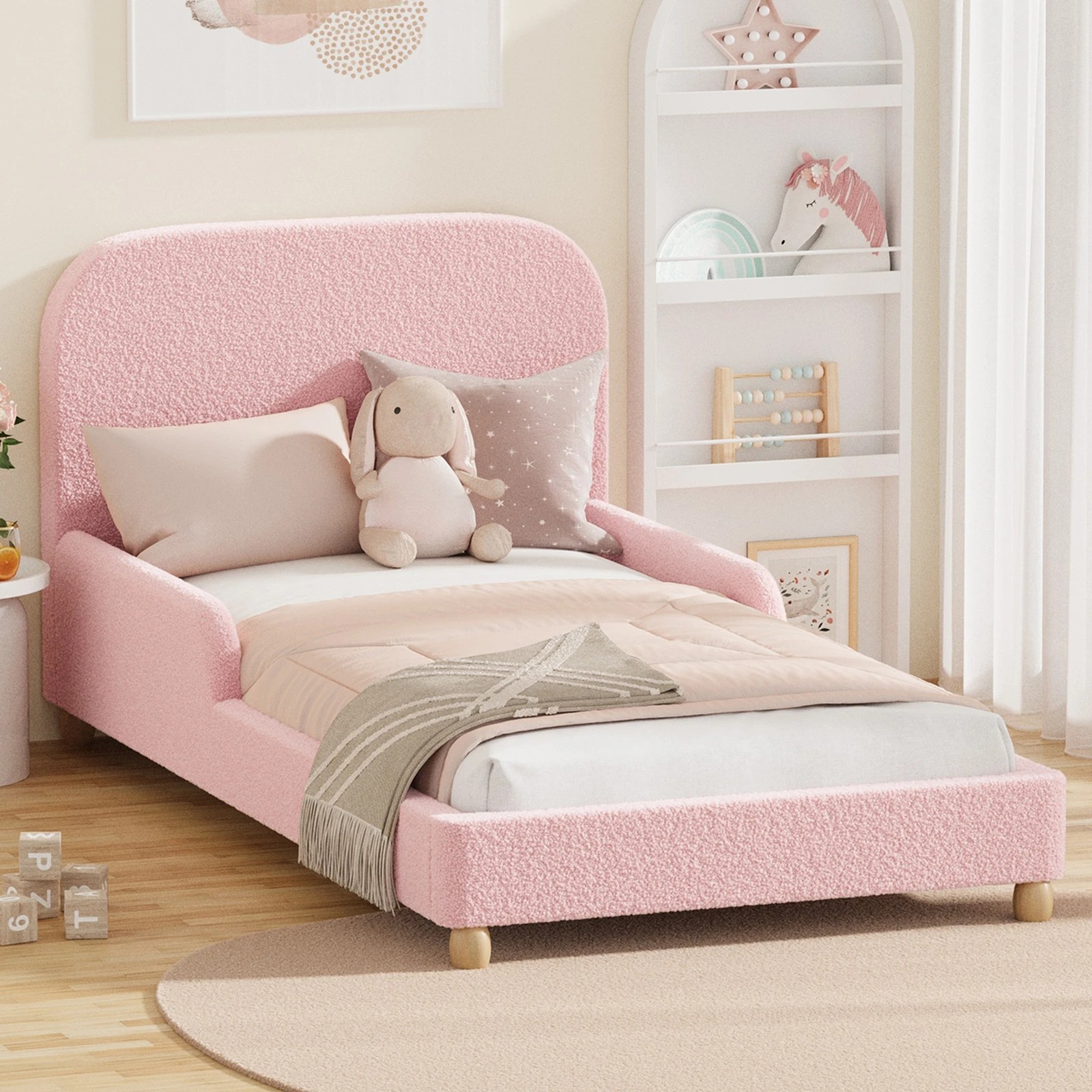3 Oikiture Kids Bed Frame Single Size with Side Guard Rails Boucle - Pink, 3 of 10
