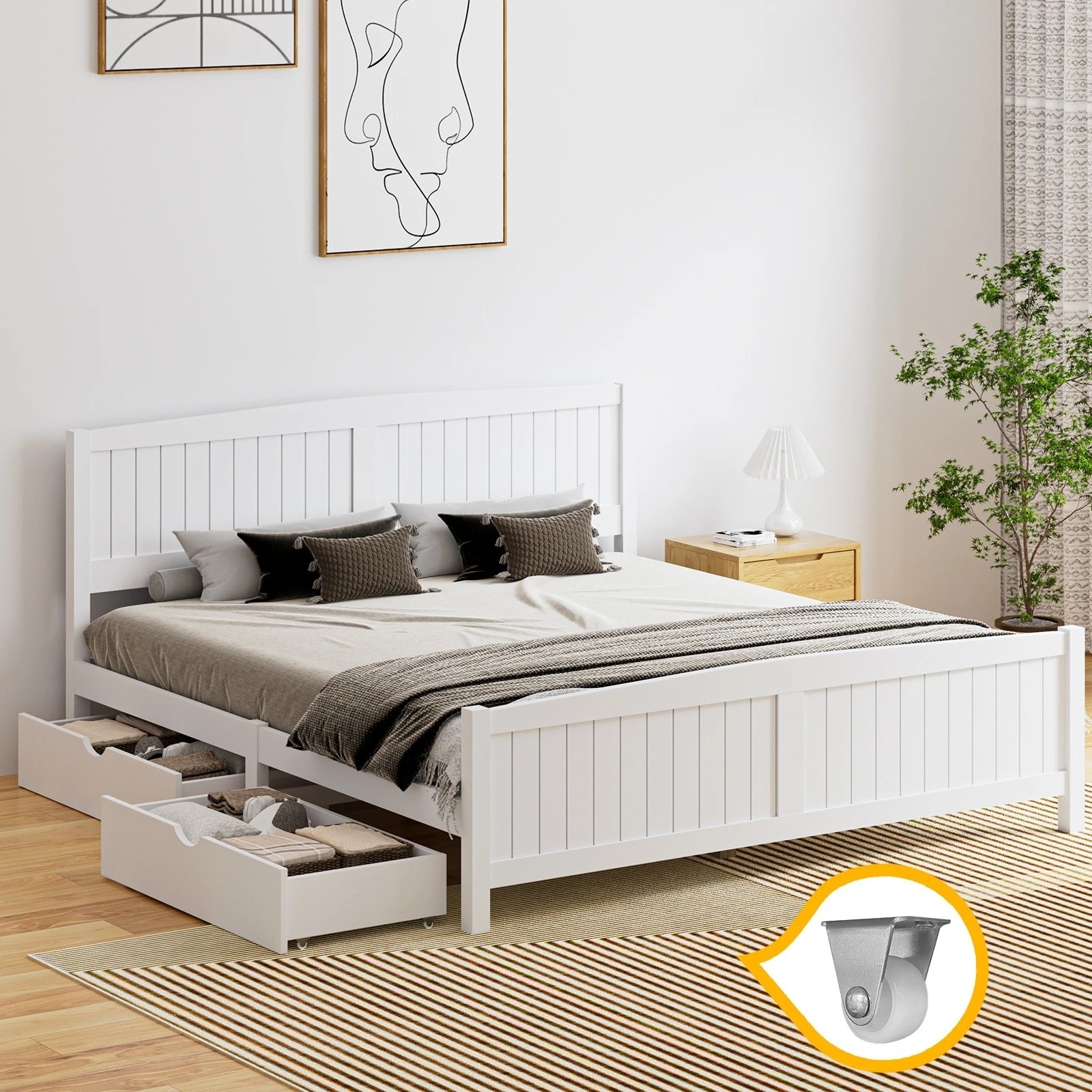 5 Oikiture Wooden Bed Frame King Size Base With Trundle Storage Drawers
 - White, 5 of 8