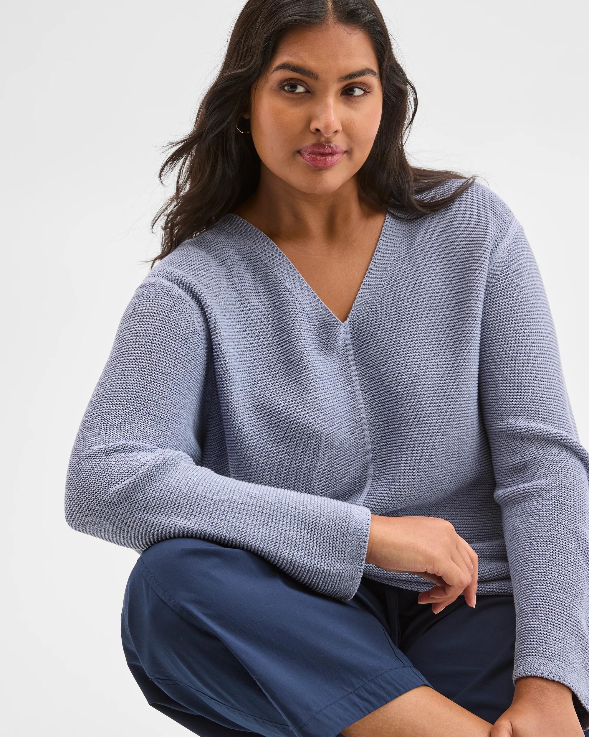 2 Target Curve Plus Size Australian Cotton Blend V-Neck Ottoman Twist Jumper DUSTY BLUE, 2 of 5