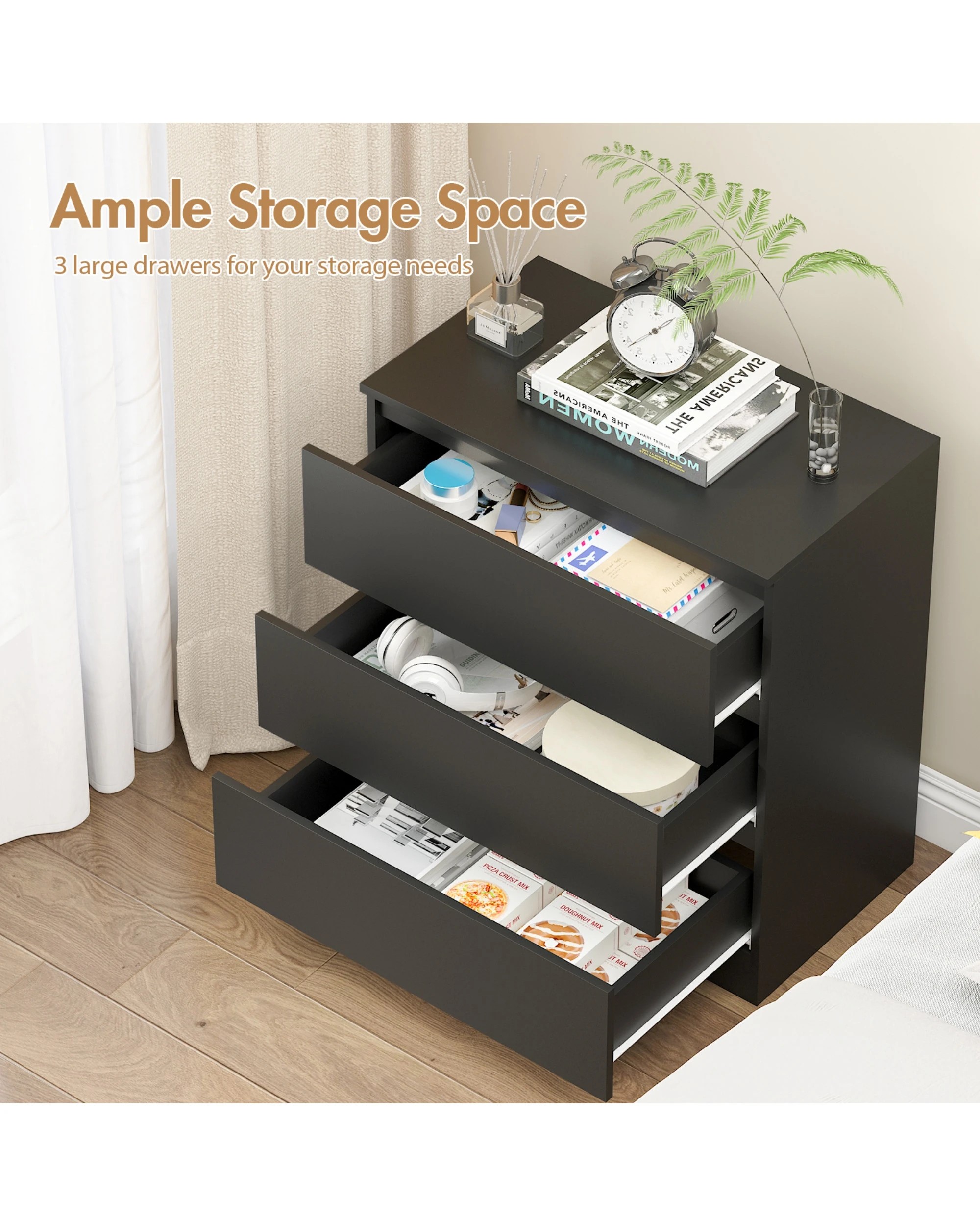 6 Advwin Bedside Table 3 Drawers Nightstand Storage Cabinet
 - Black, 6 of 8