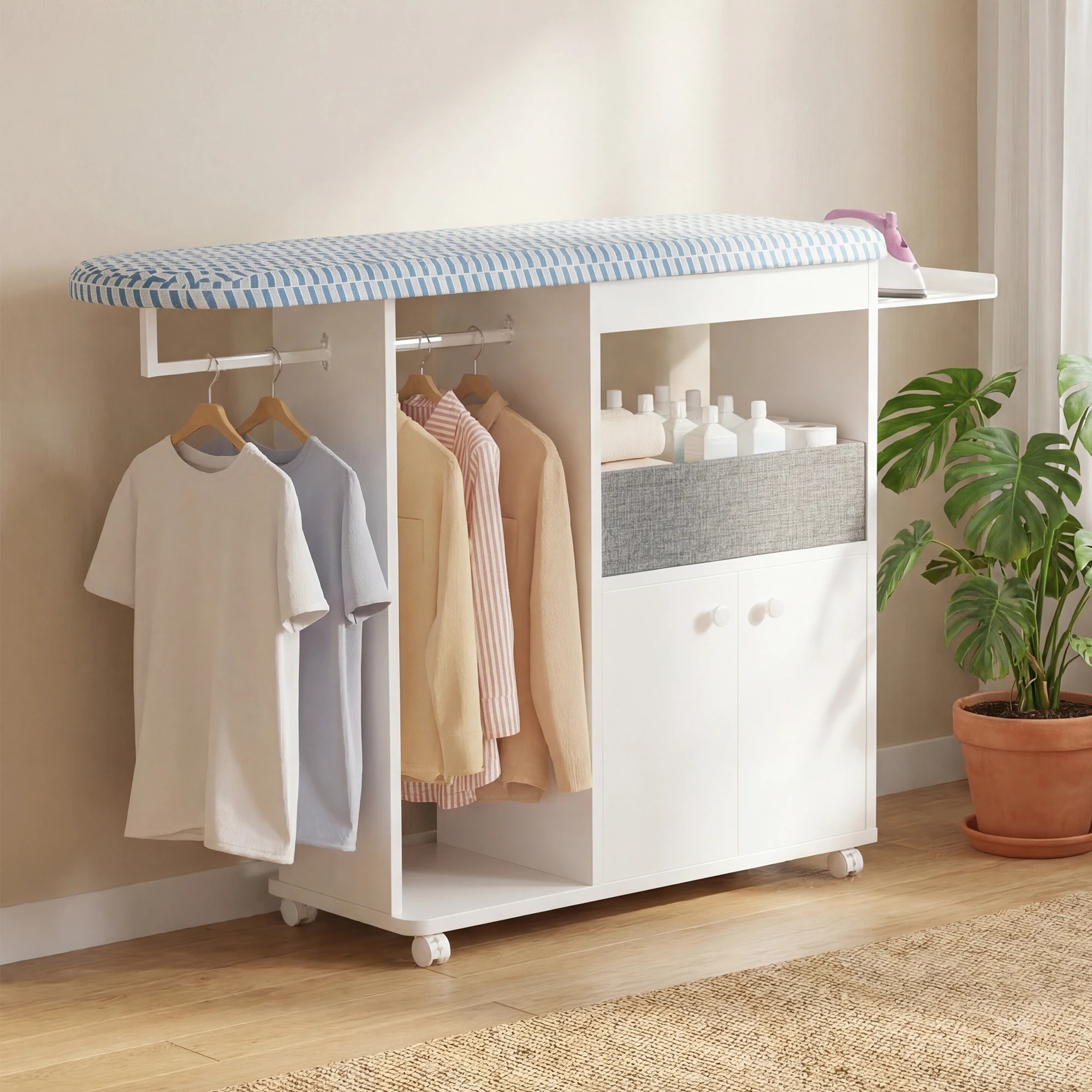 9 Advwin Ironing Board on Wheels with Storage Cabinet Iron Rack Hanger Rod Fabric Drawer - White, 9 of 10