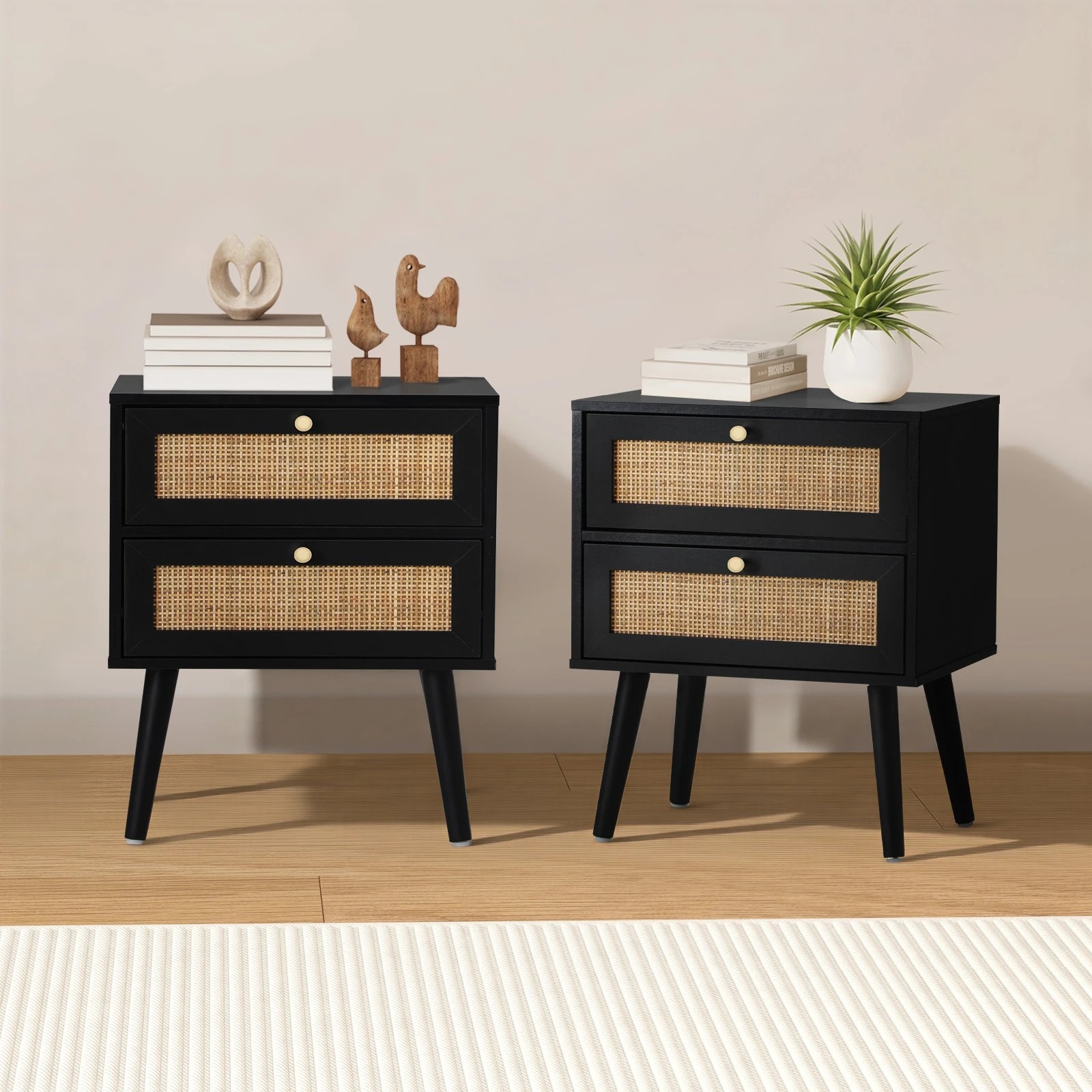 3 Oikiture 2X Bedside Table Side Table 2 Drawers Storage Cabinet Nightstand Rattan - Black, 3 of 9