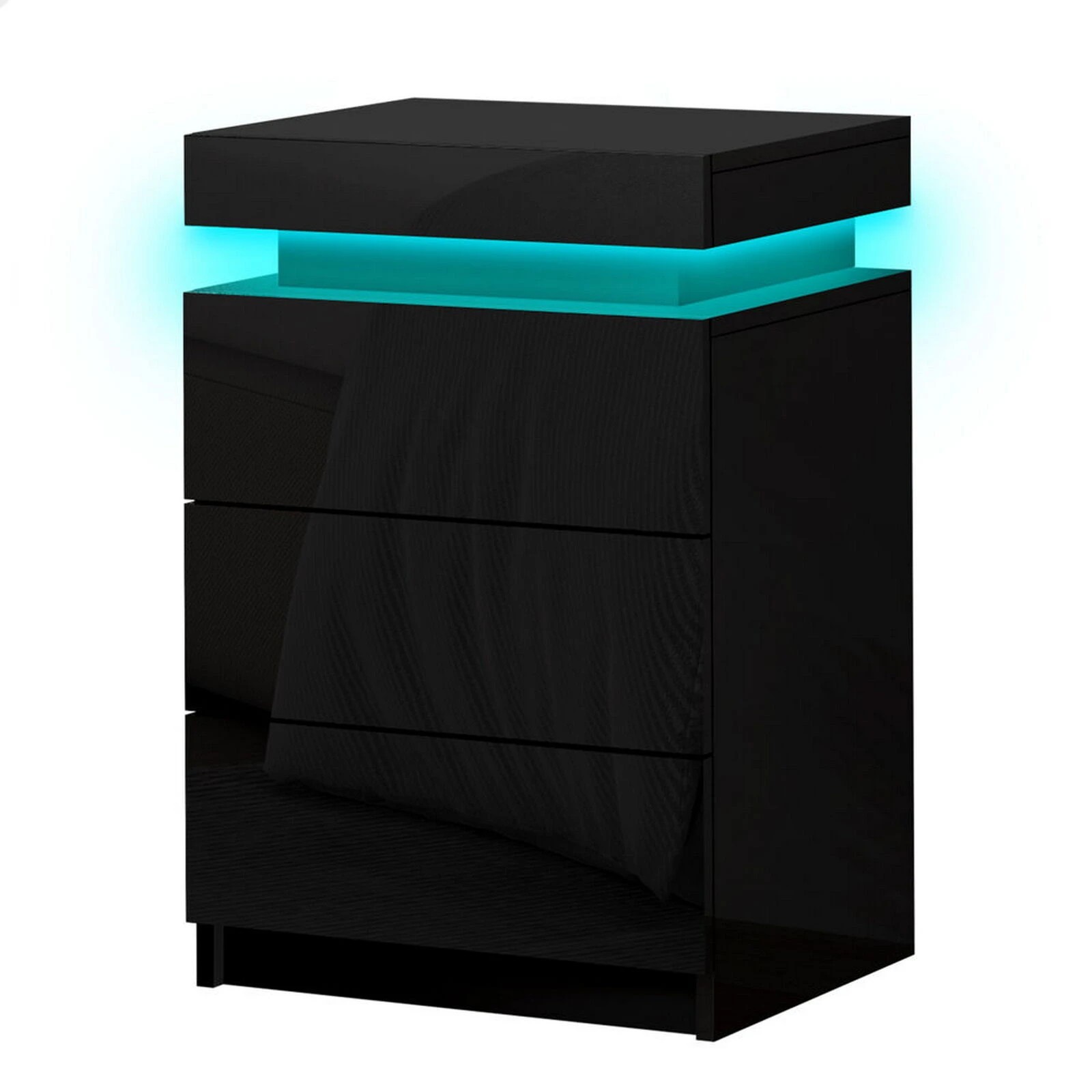 1 Alfordson Bedside Table RGB LED Nightstand 3 Drawers 4 Side High Gloss - Black, 1 of 10