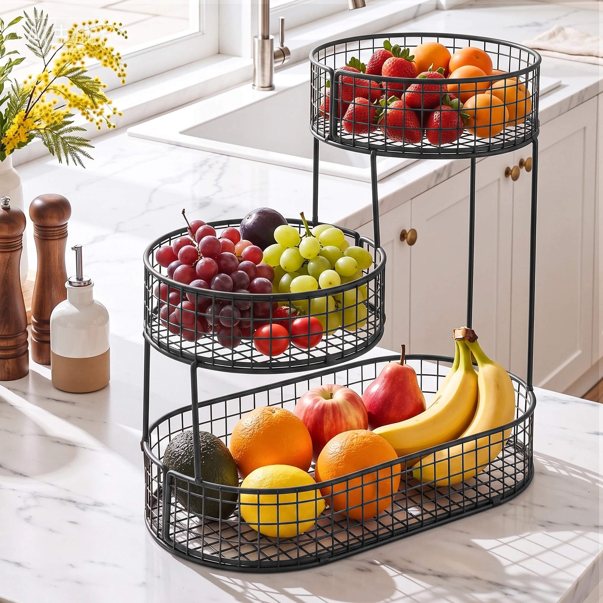 2 5-Star Chef 3 Tier Fruit Basket Bowl Space Saving Kitchen Food Storage Organiser - Black, 2 of 7