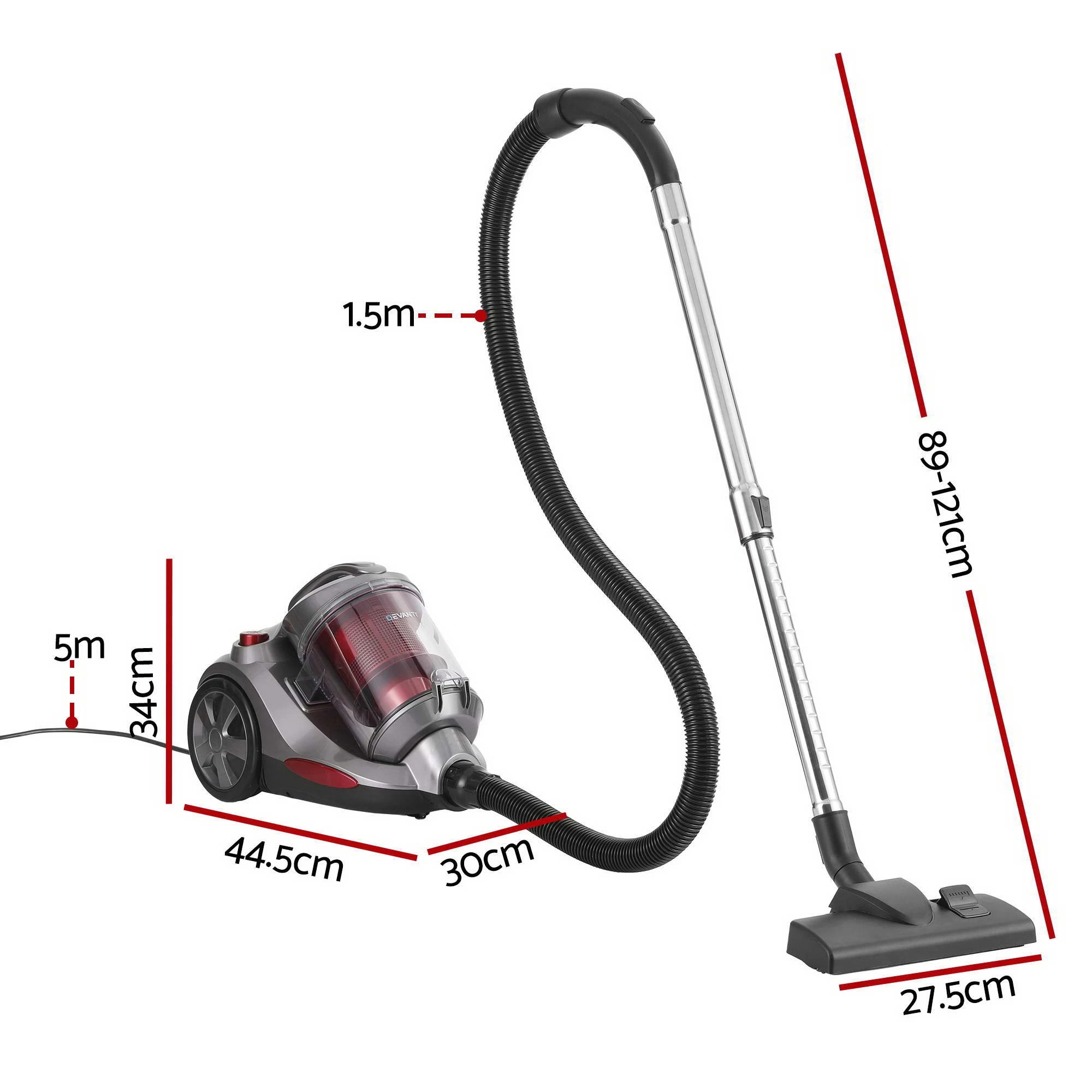 3 Devanti Vacuum Cleaner Bagless Canister 2000W 25kPa Powerful Suction 4L - Red, 3 of 9