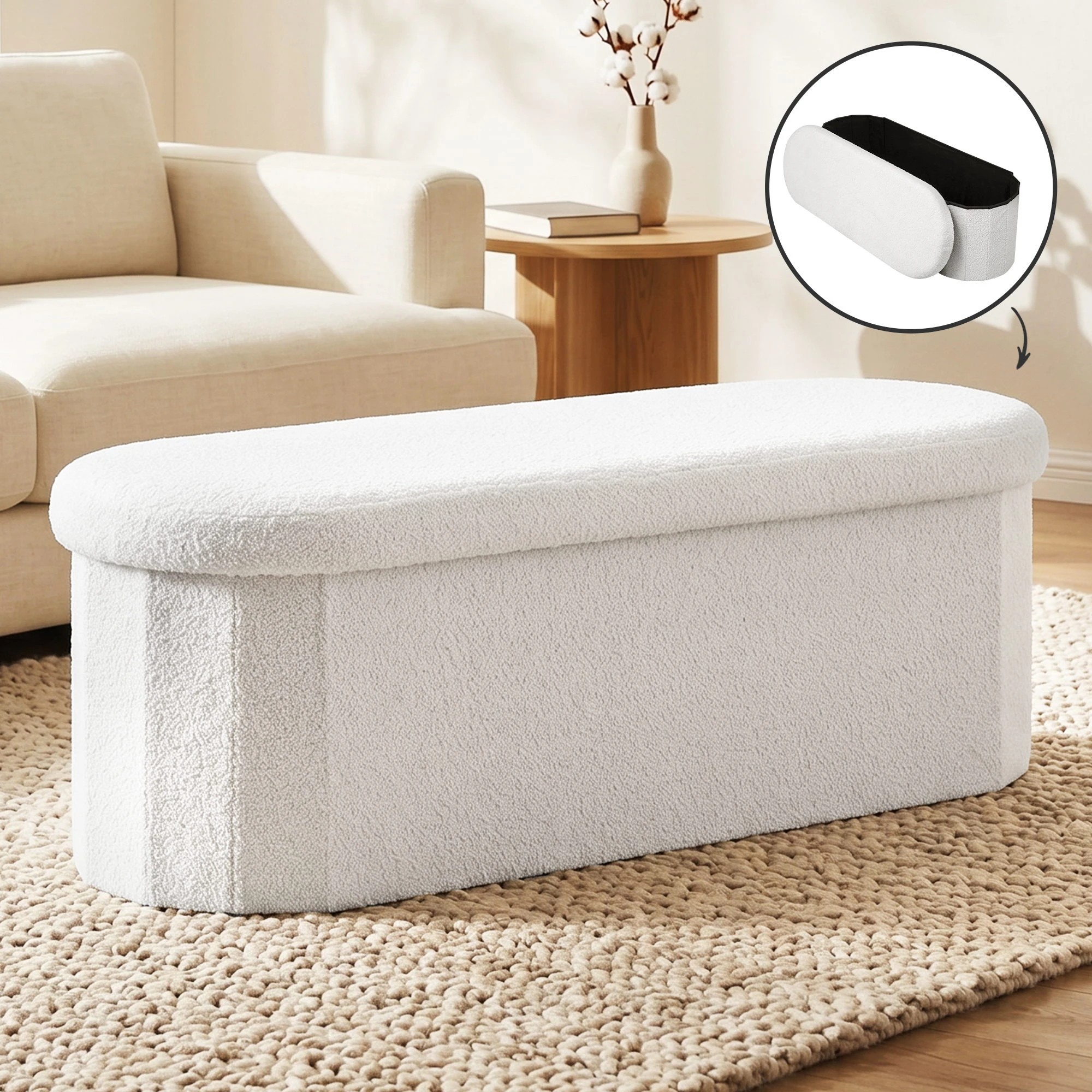 7 Artiss Storage Ottoman Foot Stool Rest Boucle Fabric Foldable - White, 7 of 7