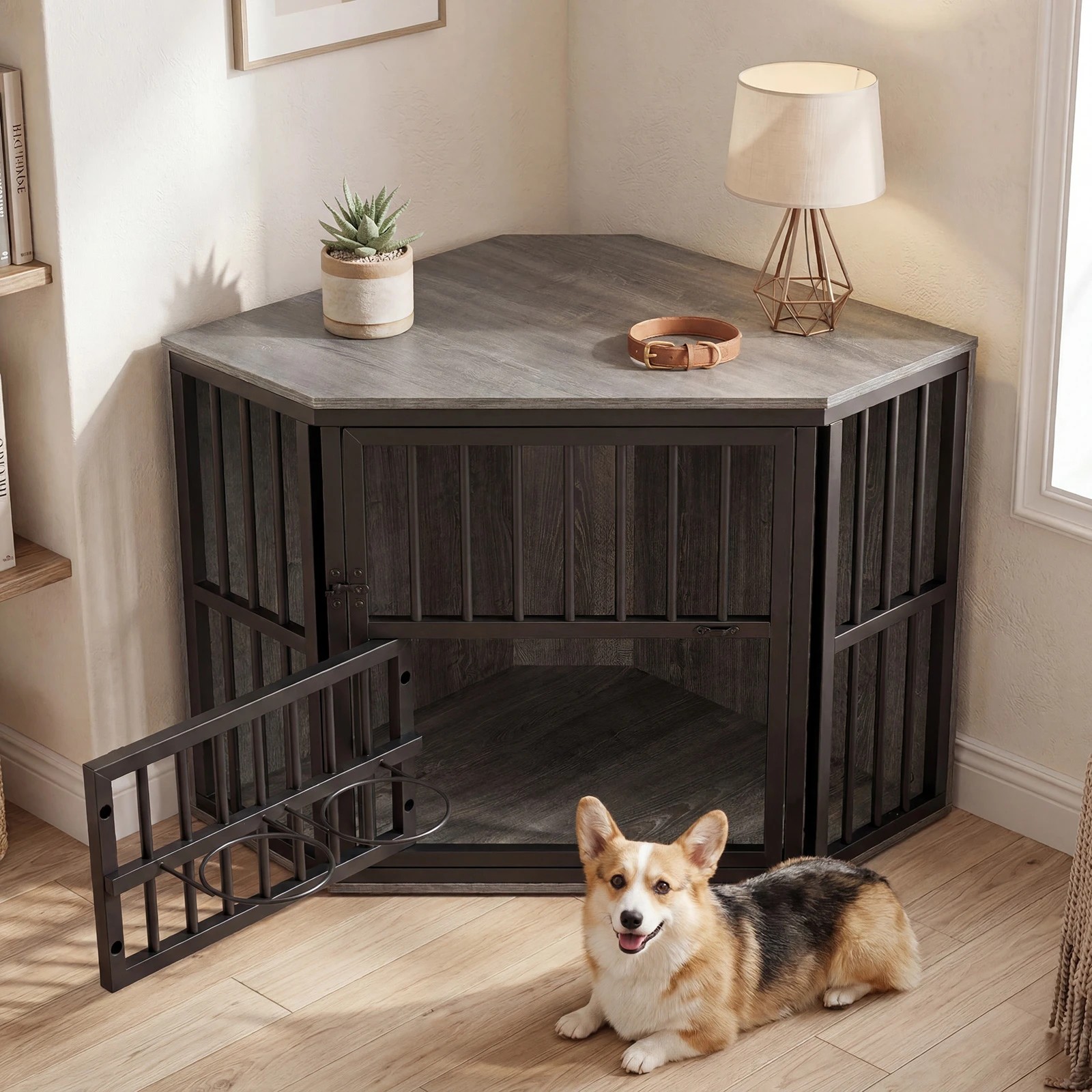 4 Costway Corner Dog Crate 2-in-1 Dog Kennel & TV Stand w/Dog Bowl Rack - Grey, 4 of 6