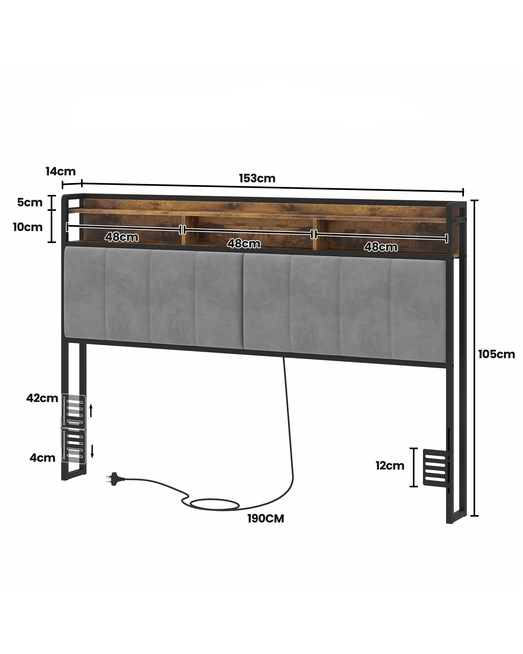 3 Advwin Queen Size Storage Headboard Upholstered with LED Light Charging Station - Grey, 3 of 5