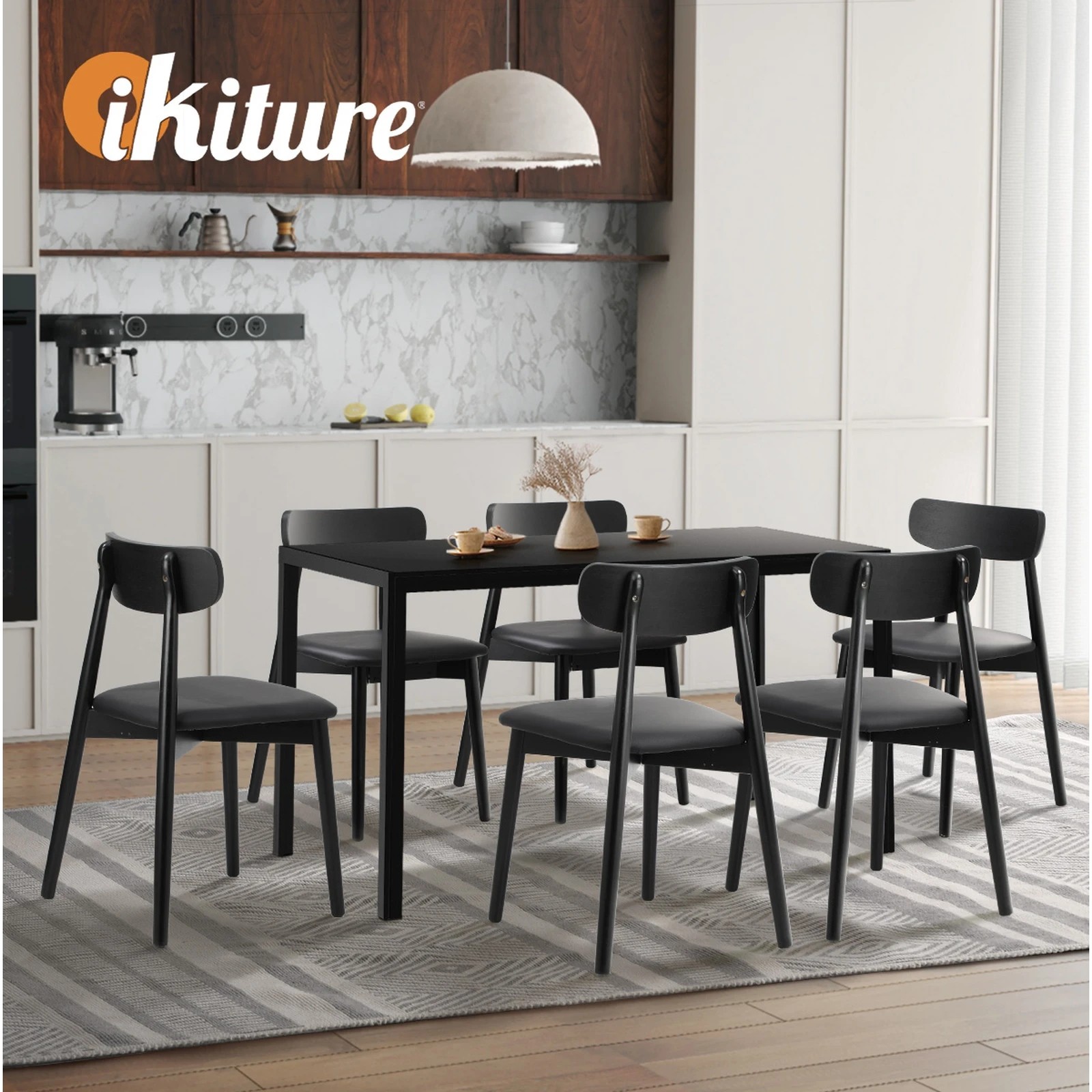 5 Oikiture 1.4m Dining Table Set with 6PCS Wooden Chairs PU Leather - Black, 5 of 9